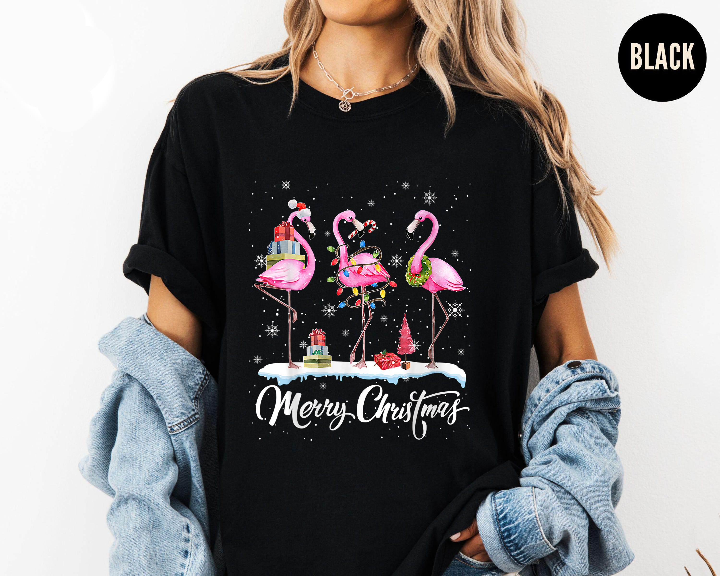 Flamingo Christmas Shirt, Cute Holiday Bird Tee, Tropical Xmas Outfit, Festive Gift Top, Funny Pink Flamingo Christmas Lights Shirt