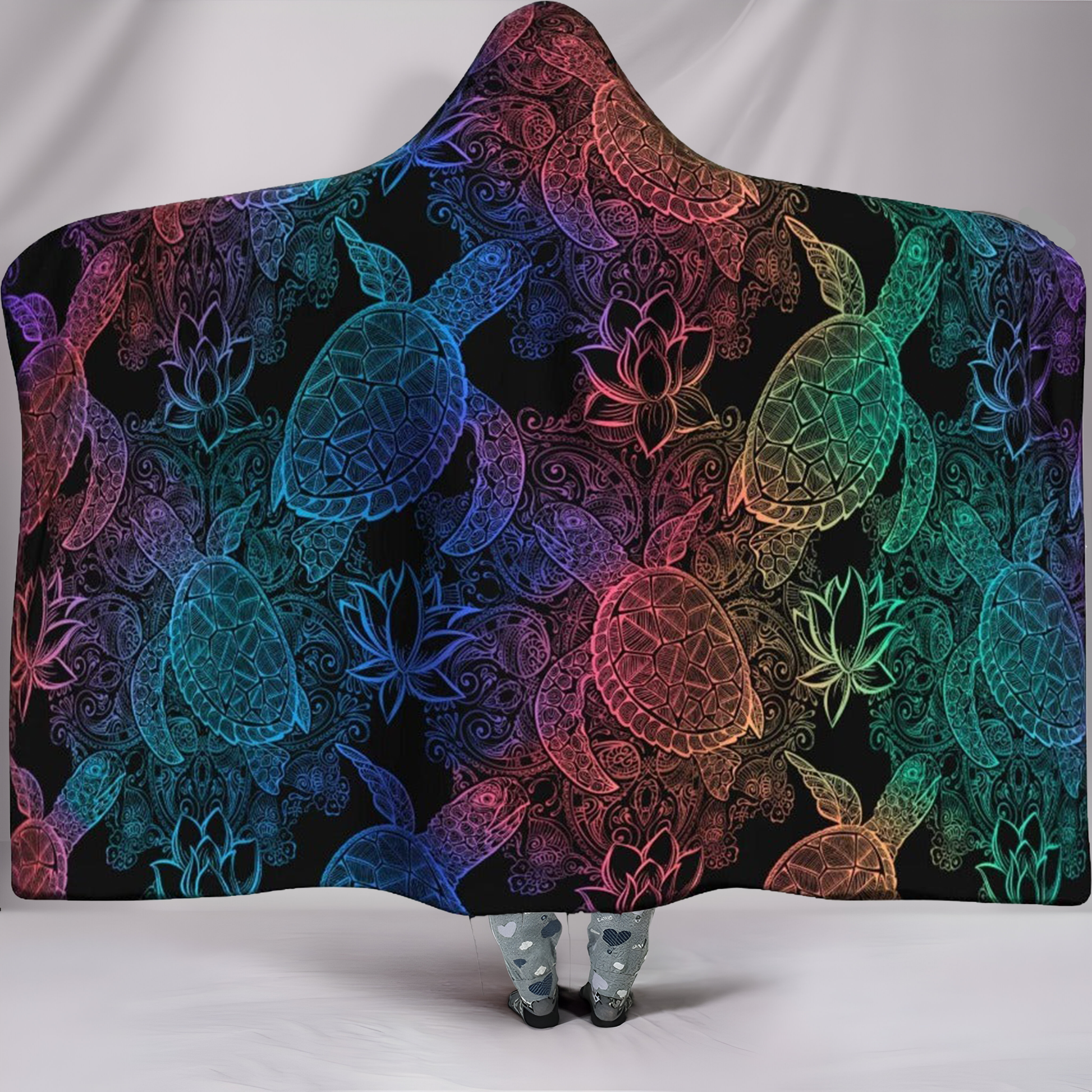 Mandala Hooded Blanket with Colorful Sea Turtle Design, Soft Cozy Wearable Throw, Perfect Gift for Relaxation and Home Comfort Lovers, BLKAC18