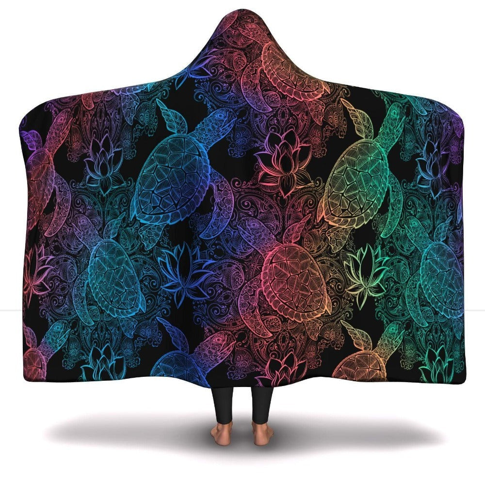 Mandala Hooded Blanket with Colorful Sea Turtle Design, Soft Cozy Wearable Throw, Perfect Gift for Relaxation and Home Comfort Lovers, BLKAC18