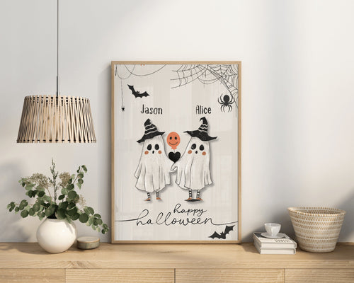 Custom Name Halloween Couple Print, Halloween Love Poster, Halloween Family Wall Art, Ghost Family Print, Custom Gift For Halloween