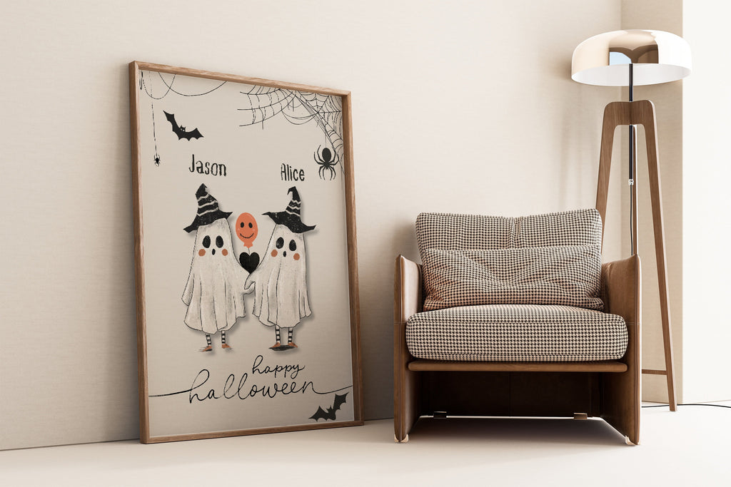 Custom Name Halloween Couple Print, Halloween Love Poster, Halloween Family Wall Art, Ghost Family Print, Custom Gift For Halloween