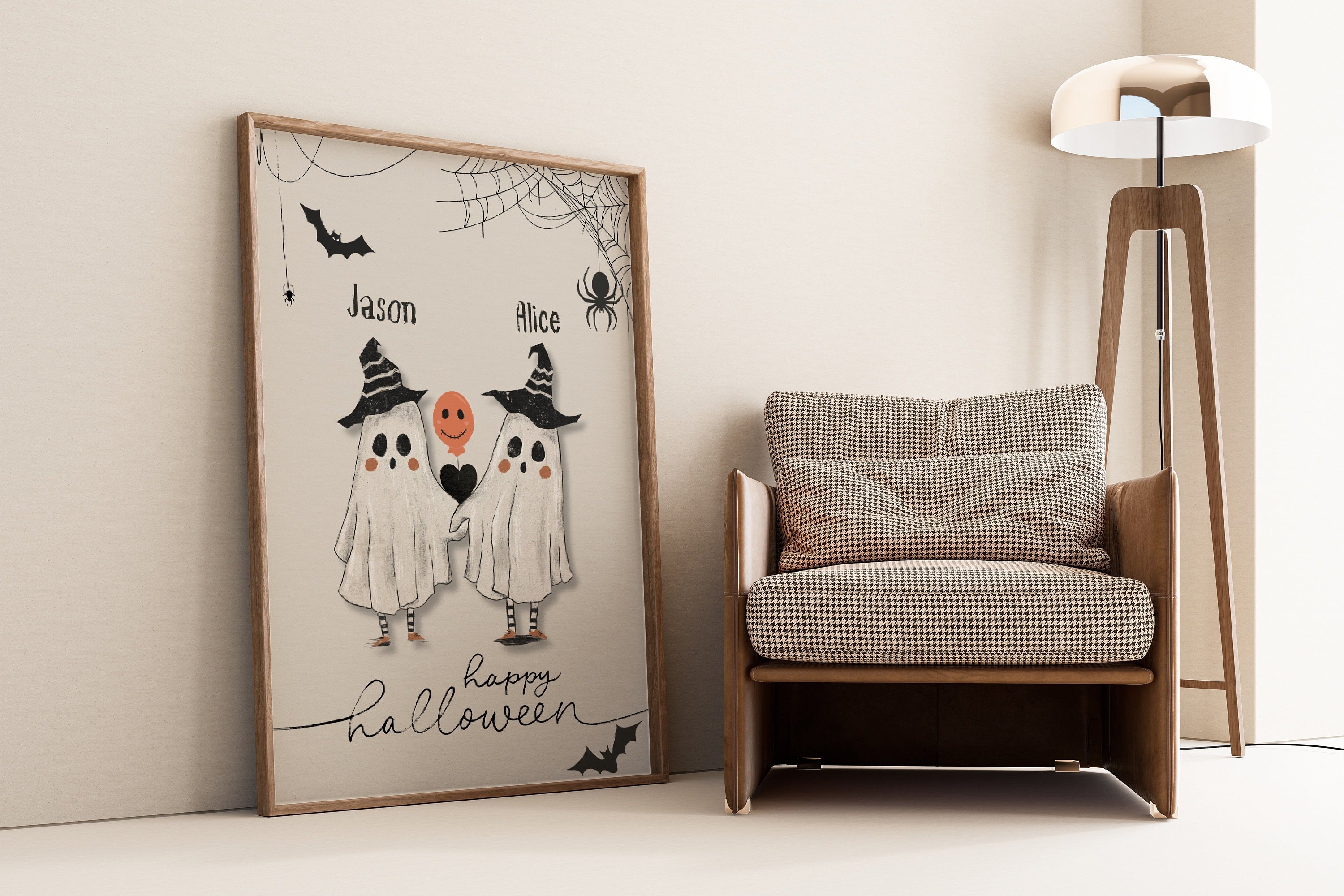 Custom Name Halloween Couple Print, Halloween Love Poster, Halloween Family Wall Art, Ghost Family Print, Custom Gift For Halloween
