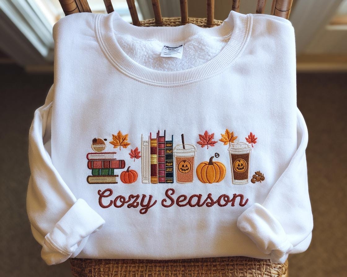 Cozy Season Embroidered Sweatshirt, Halloween Cozy Season Sweatshirt, Autumn Sweatshirts, Sweatshirts for Her, Halloween Embroidered Sweatshirt, Cozy Autumn Shirt, Halloween Gifts EBAC42