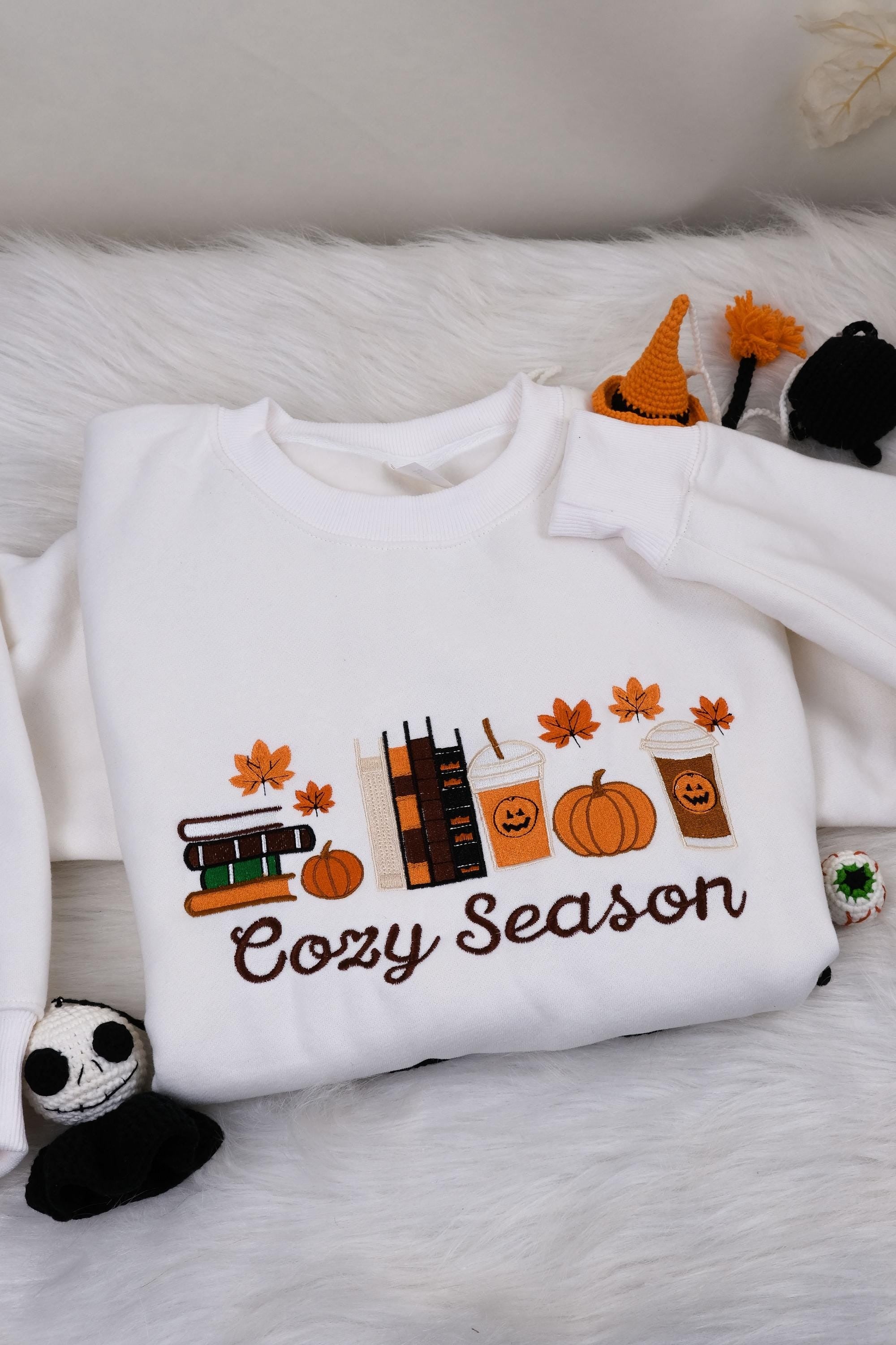 Cozy Season Embroidered Sweatshirt, Halloween Cozy Season Sweatshirt, Autumn Sweatshirts, Sweatshirts for Her, Halloween Embroidered Sweatshirt, Cozy Autumn Shirt, Halloween Gifts EBAC42