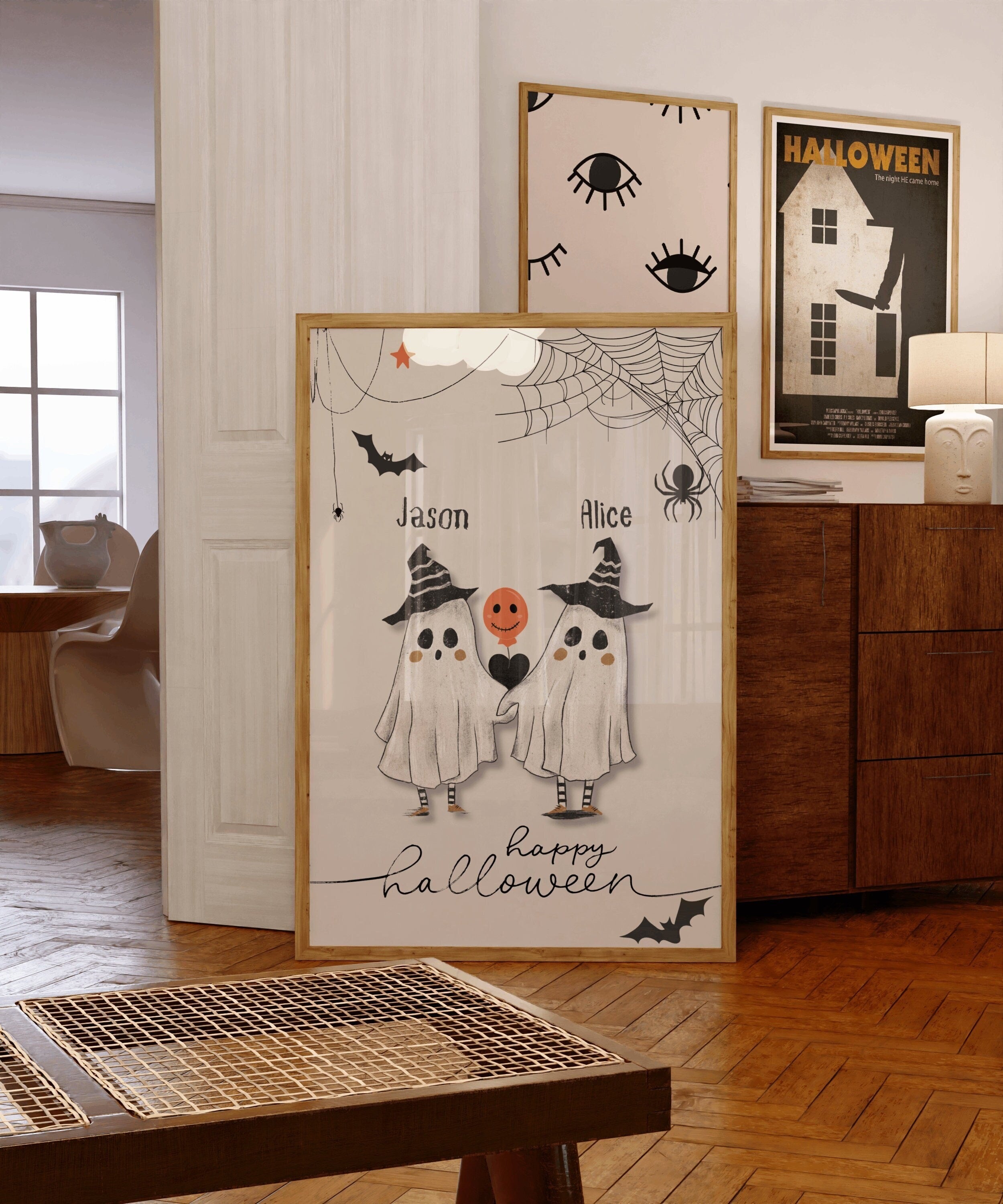 Custom Name Halloween Couple Print, Halloween Love Poster, Halloween Family Wall Art, Ghost Family Print, Custom Gift For Halloween