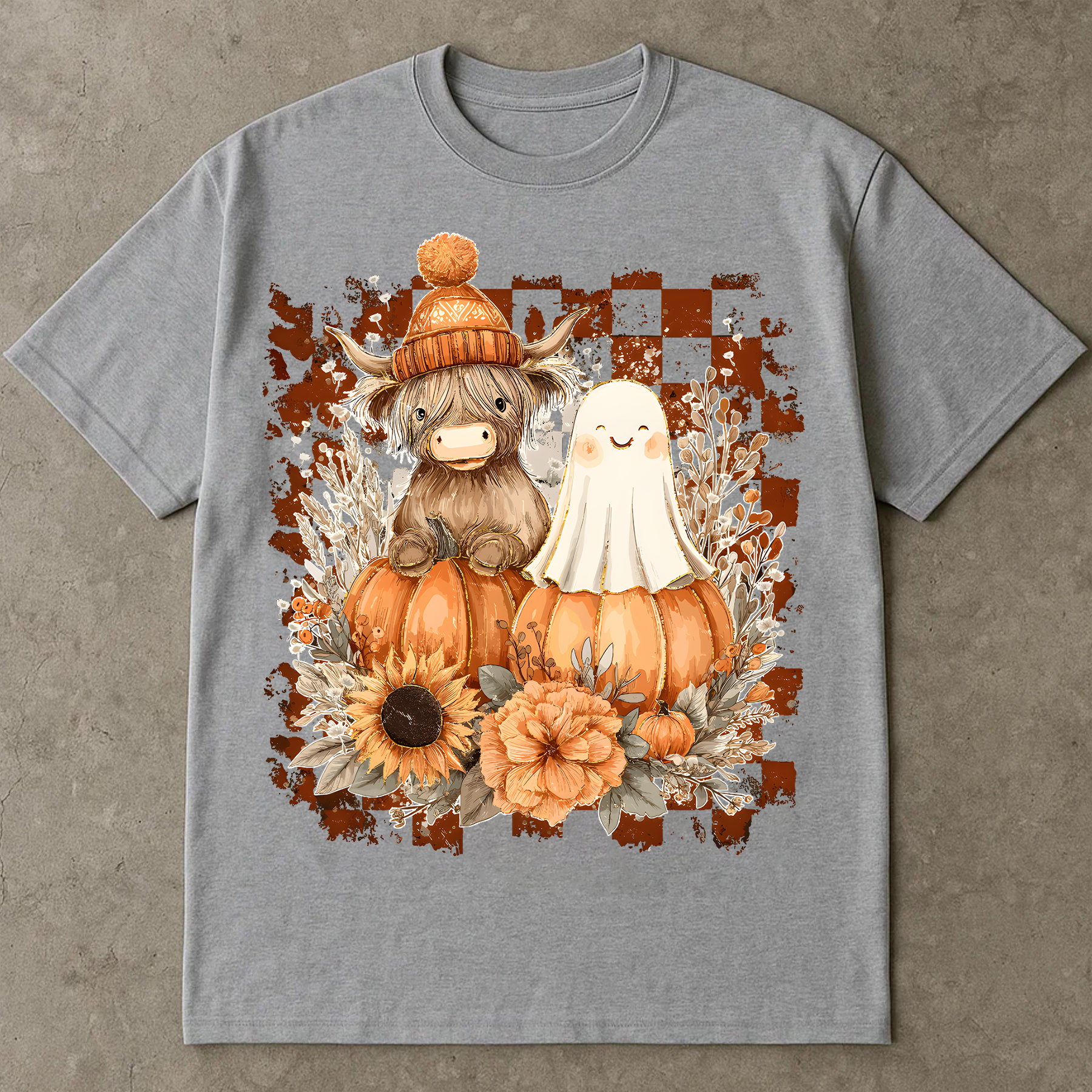 Cute Highland Cow & Ghost T-Shirt, Autumn Pumpkin Graphic Tee, Halloween Cozy Shirt, Oversized Outfit