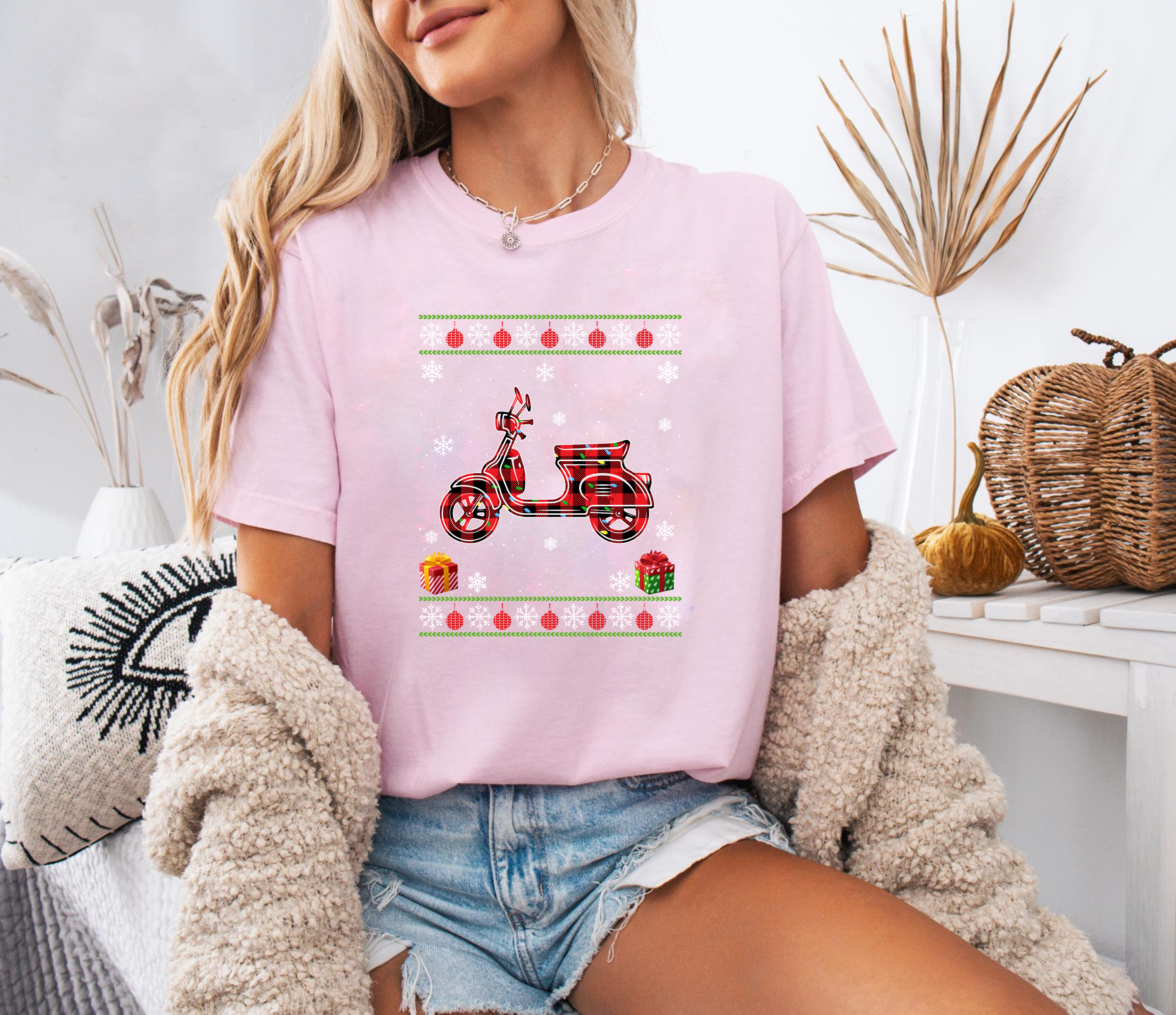 Christmas Scooter Shirt, Buffalo Plaid Vespa Tee, Ugly Sweater Style Top, Festive Holiday Outfit, Retro Vintage Xmas Gift Shirt