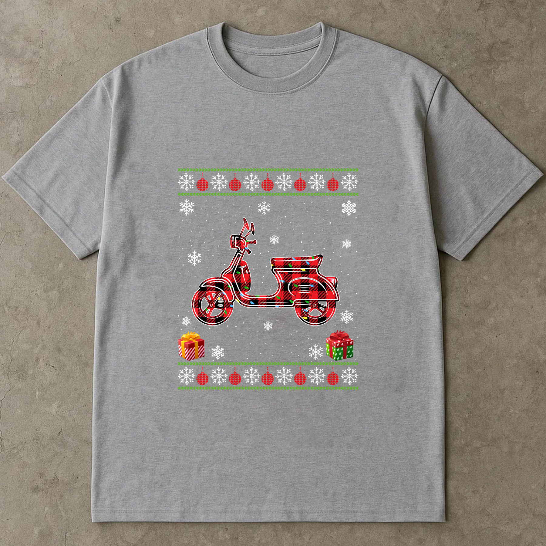 Christmas Scooter Shirt, Buffalo Plaid Vespa Tee, Ugly Sweater Style Top, Festive Holiday Outfit, Retro Vintage Xmas Gift Shirt