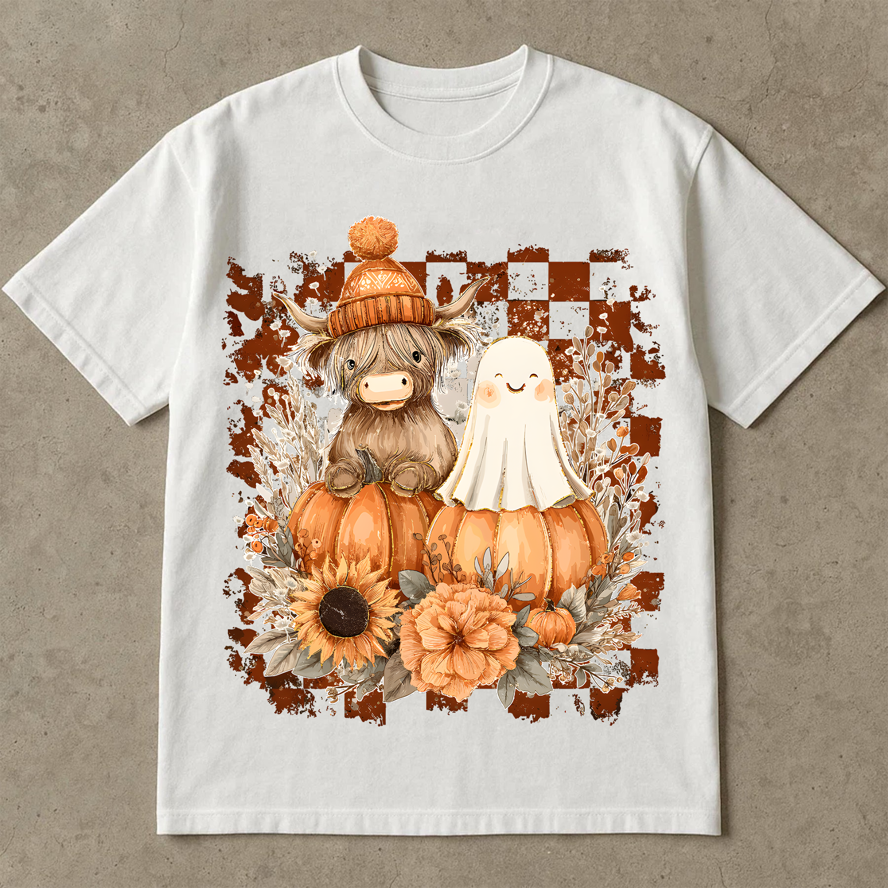 Cute Highland Cow & Ghost T-Shirt, Autumn Pumpkin Graphic Tee, Halloween Cozy Shirt, Oversized Outfit