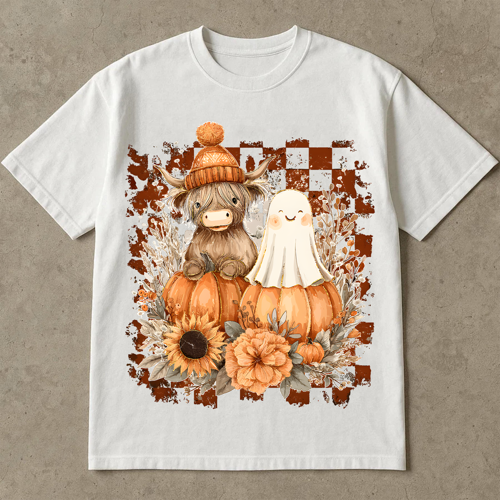 Cute Highland Cow & Ghost T-Shirt, Autumn Pumpkin Graphic Tee, Halloween Cozy Shirt, Oversized Outfit