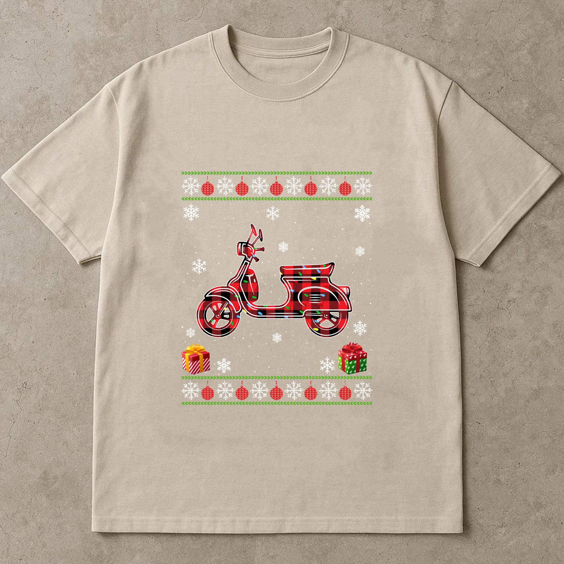 Christmas Scooter Shirt, Buffalo Plaid Vespa Tee, Ugly Sweater Style Top, Festive Holiday Outfit, Retro Vintage Xmas Gift Shirt