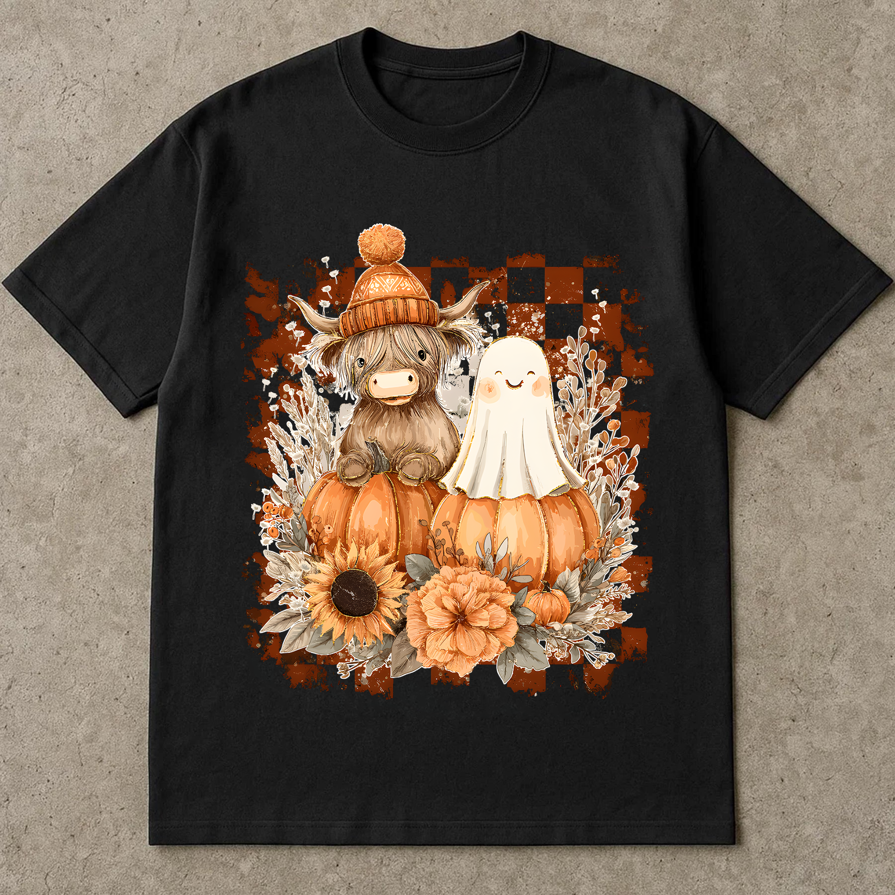 Cute Highland Cow & Ghost T-Shirt, Autumn Pumpkin Graphic Tee, Halloween Cozy Shirt, Oversized Outfit