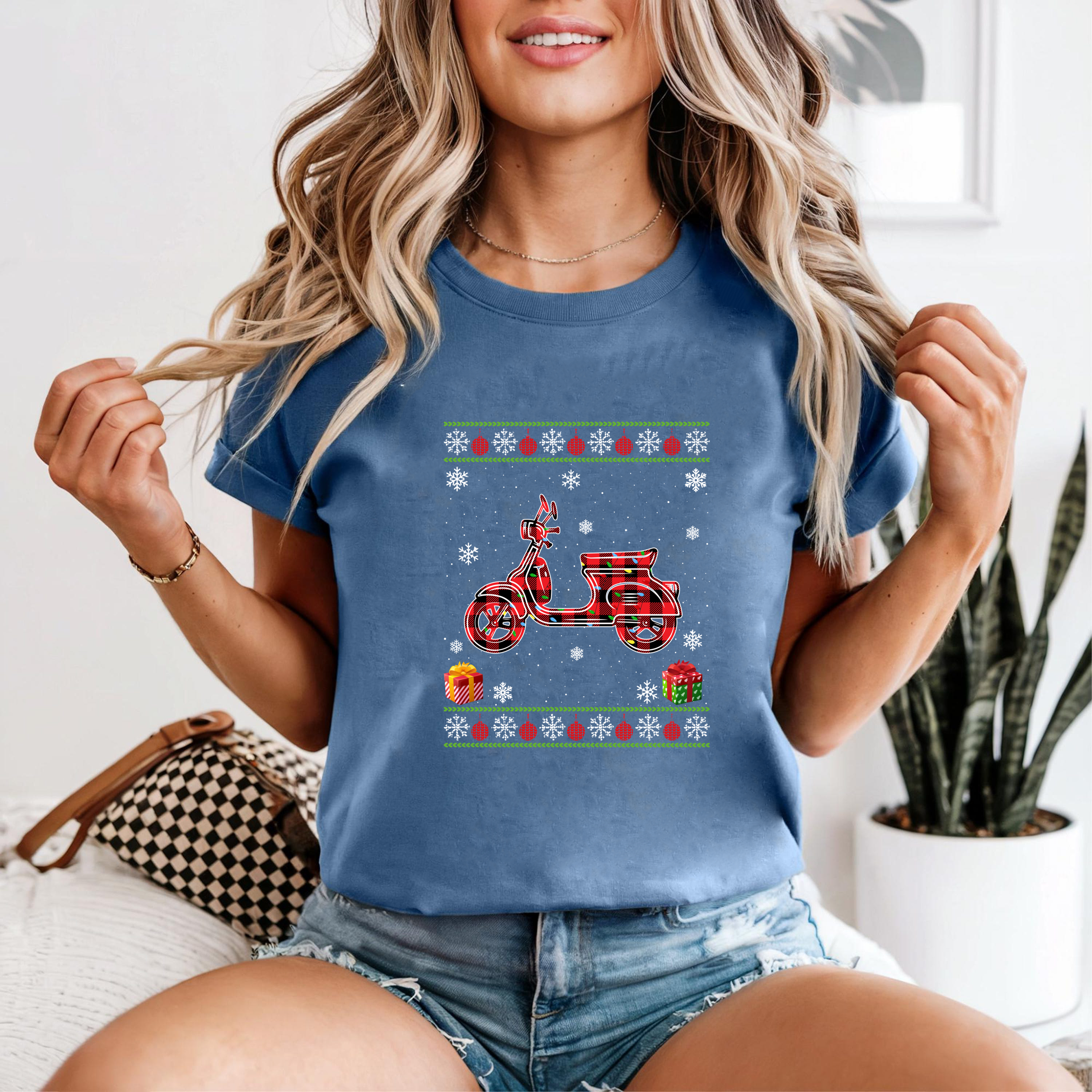 Christmas Scooter Shirt, Buffalo Plaid Vespa Tee, Ugly Sweater Style Top, Festive Holiday Outfit, Retro Vintage Xmas Gift Shirt