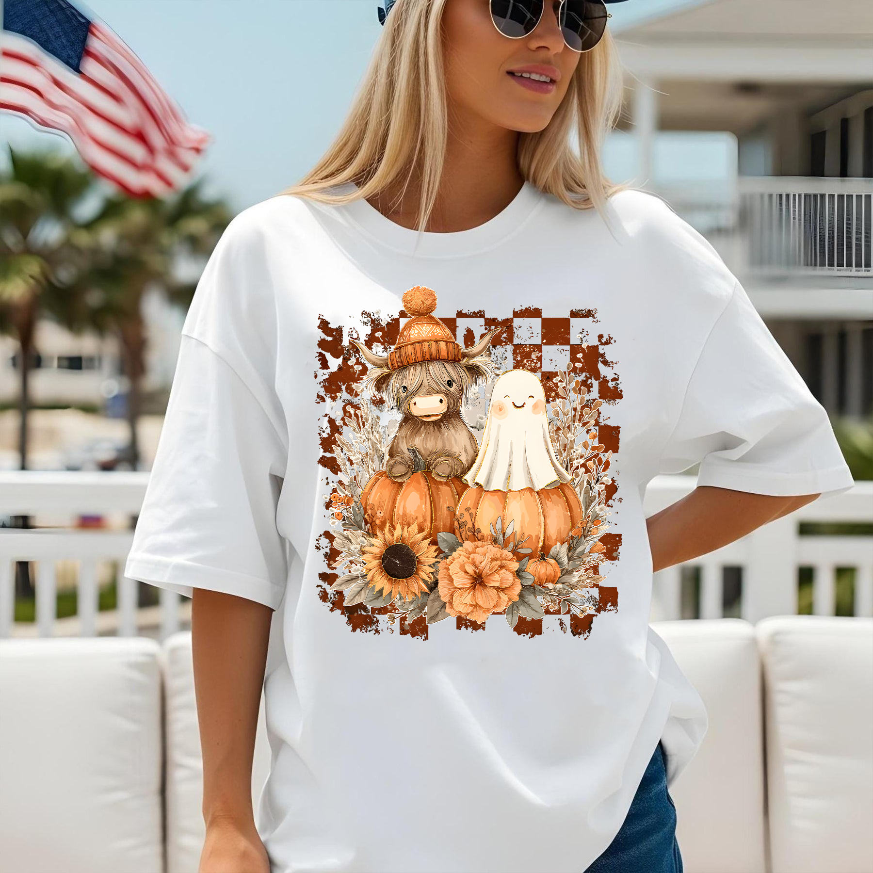 Cute Highland Cow & Ghost T-Shirt, Autumn Pumpkin Graphic Tee, Halloween Cozy Shirt, Oversized Outfit