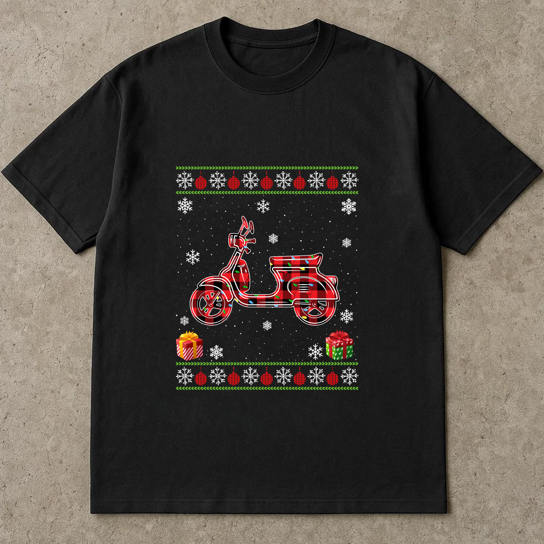 Christmas Scooter Shirt, Buffalo Plaid Vespa Tee, Ugly Sweater Style Top, Festive Holiday Outfit, Retro Vintage Xmas Gift Shirt