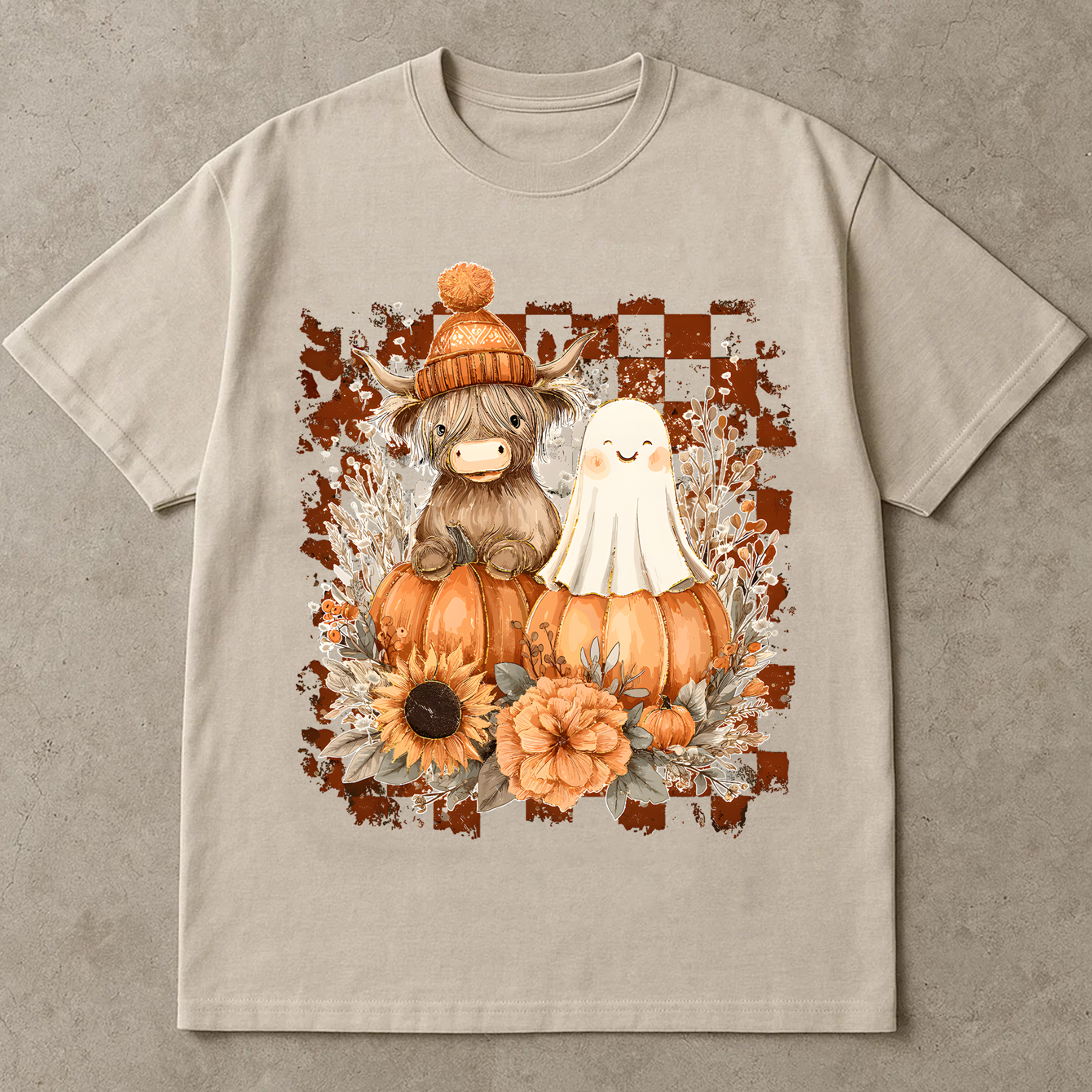 Cute Highland Cow & Ghost T-Shirt, Autumn Pumpkin Graphic Tee, Halloween Cozy Shirt, Oversized Outfit