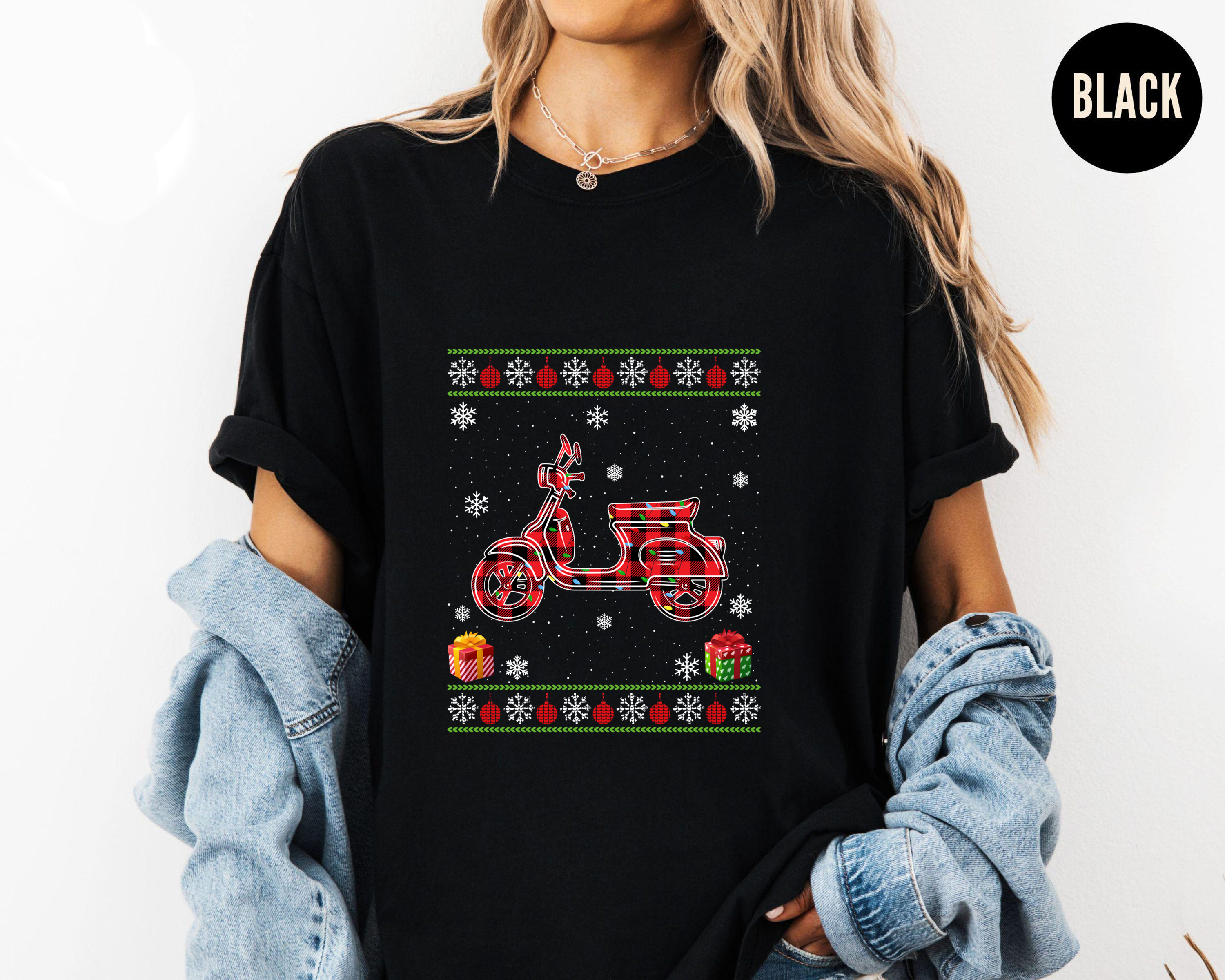 Christmas Scooter Shirt, Buffalo Plaid Vespa Tee, Ugly Sweater Style Top, Festive Holiday Outfit, Retro Vintage Xmas Gift Shirt