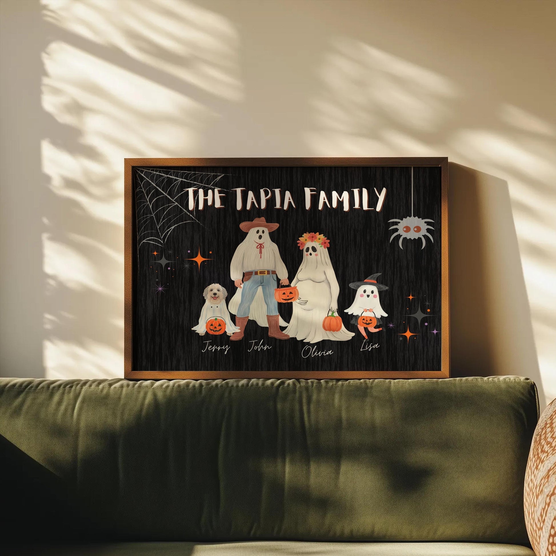 Halloween Family Portrait, Personalized Family Print, Halloween Printable Wall Art, Custom Family Art with Pets, Halloween Ghost Family