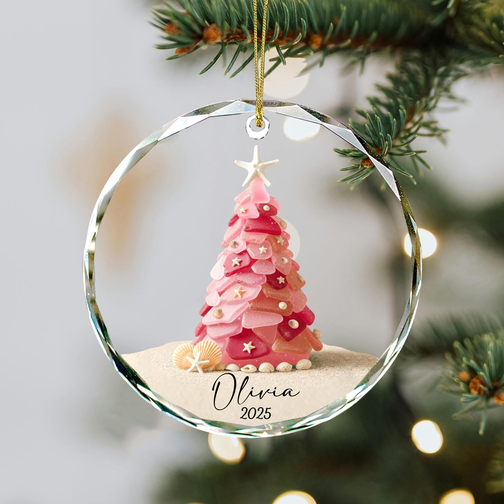 Personalized Pink Christmas Tree Glass Ornament, Custom Name Holiday Decoration, Elegant Xmas Keepsake Gift