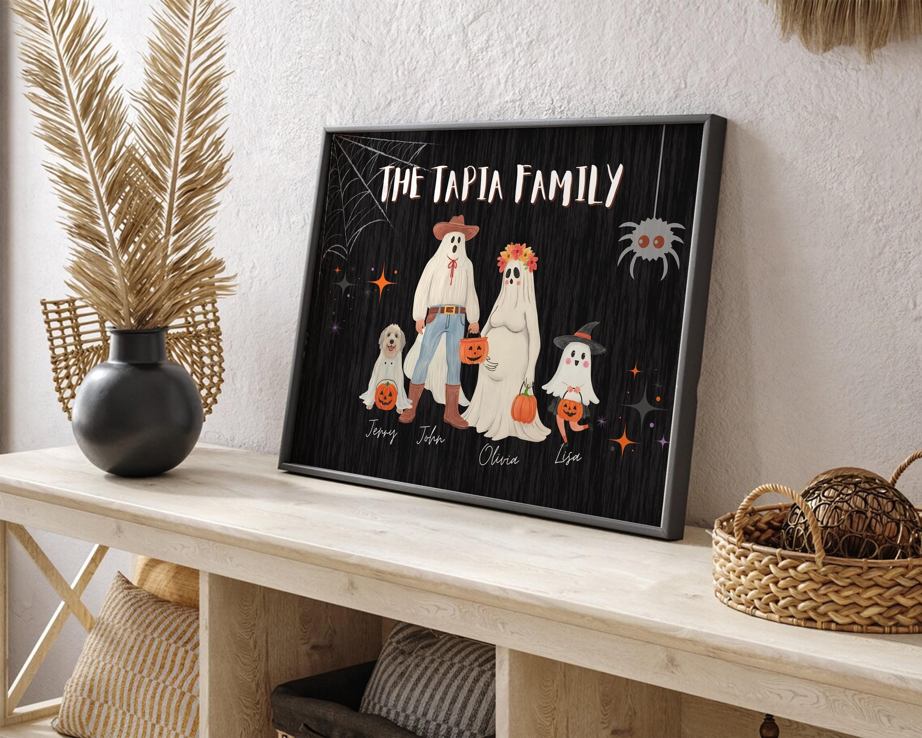 Halloween Family Portrait, Personalized Family Print, Halloween Printable Wall Art, Custom Family Art with Pets, Halloween Ghost Family
