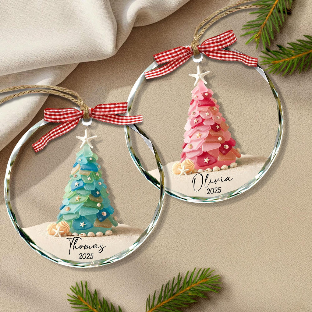 Personalized Pink Christmas Tree Glass Ornament, Custom Name Holiday Decoration, Elegant Xmas Keepsake Gift