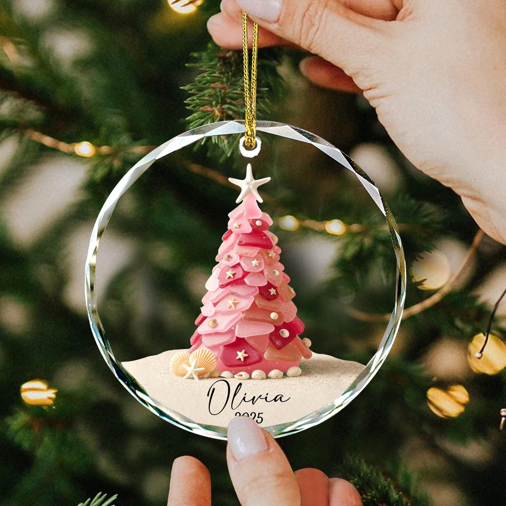 Personalized Pink Christmas Tree Glass Ornament, Custom Name Holiday Decoration, Elegant Xmas Keepsake Gift
