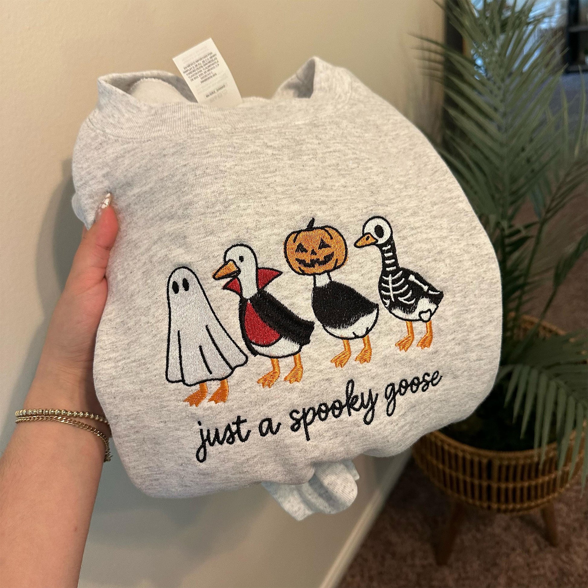 Spooky Goose Embroidered Sweatshirt, Halloween Spooky Season Embroidery Geese Fall Autumn, Halloween Gifts EBAC43