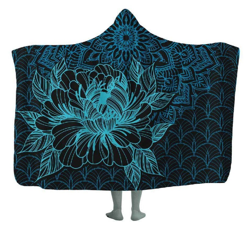 Mandala Hooded Blanket with Blue Floral Design, Cozy Soft Throw, Perfect for Relaxing Indoors or Outdoors, Stylish Warm Gift for All Seasons. BLKAC19