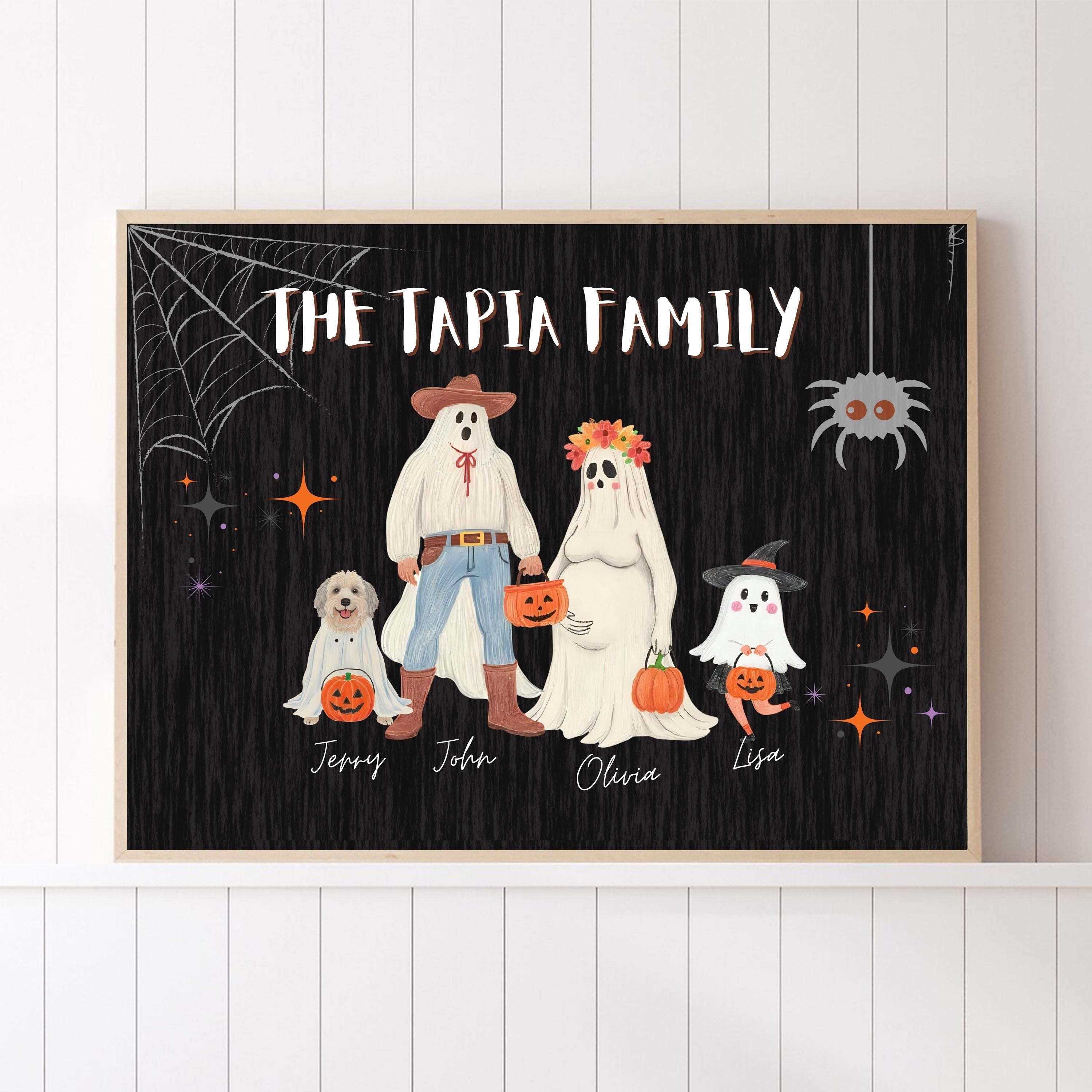 Halloween Family Portrait, Personalized Family Print, Halloween Printable Wall Art, Custom Family Art with Pets, Halloween Ghost Family