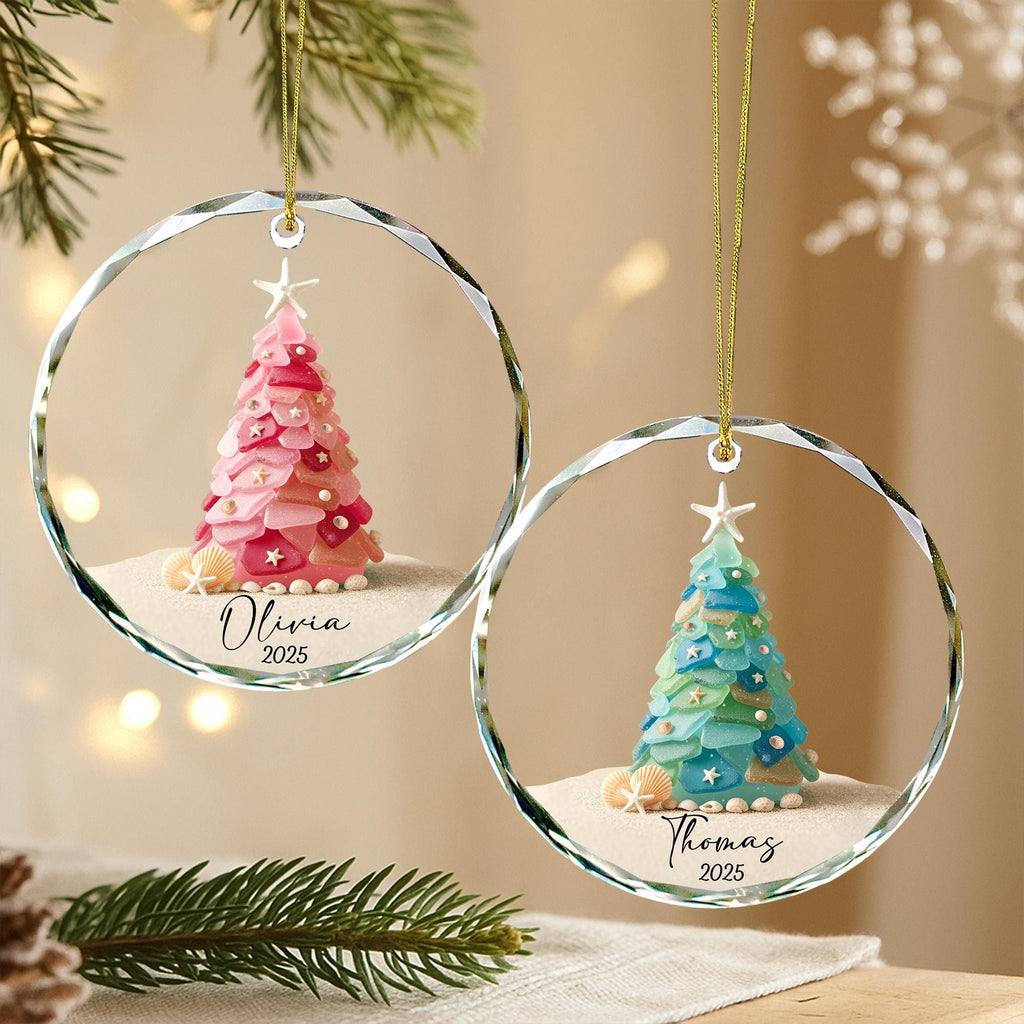 Personalized Pink Christmas Tree Glass Ornament, Custom Name Holiday Decoration, Elegant Xmas Keepsake Gift
