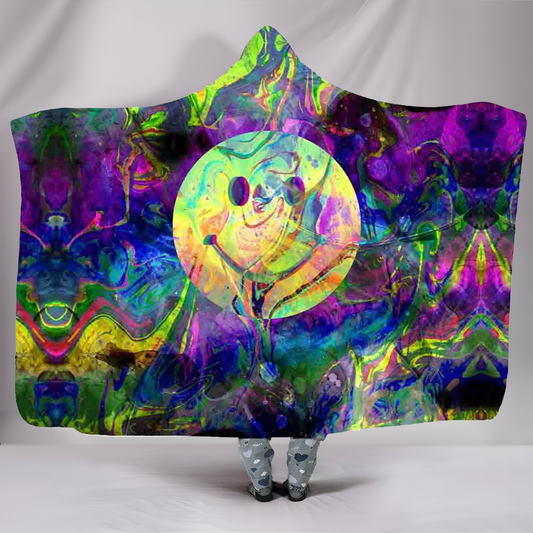 Colorful Trippy Mandala Hooded Blanket with Smiley Face, Psychedelic Art Cozy Soft Wearable Throw, Festival Vibe Wrap, Vibrant Boho Bed Blanket, BLKAC20