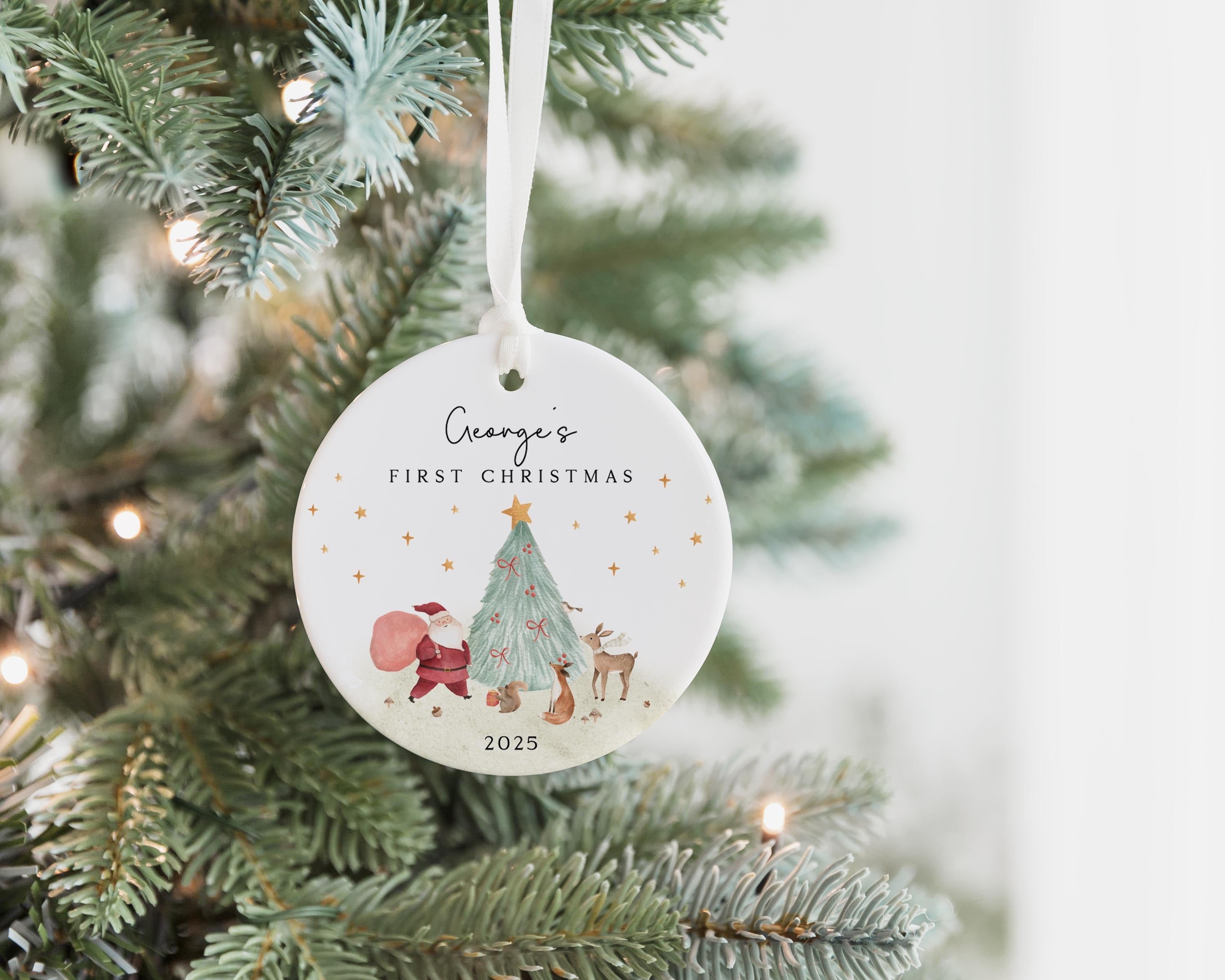 Baby's First Christmas Decoration, Keepsake Christmas Bauble Gift Ceramic Ornament, Personalized Baby's 1st Christmas Scene Decoration