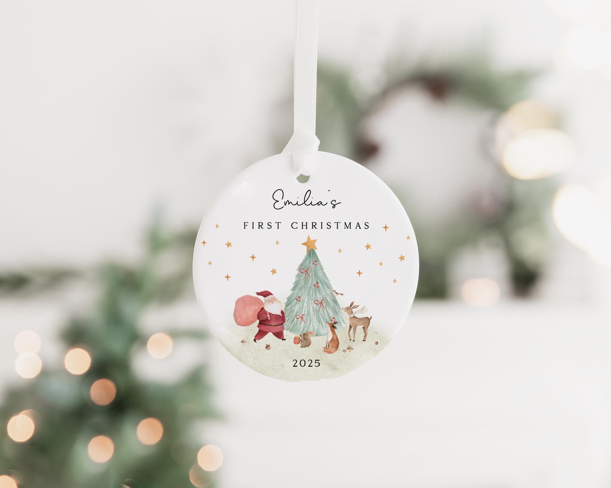 Baby's First Christmas Decoration, Keepsake Christmas Bauble Gift Ceramic Ornament, Personalized Baby's 1st Christmas Scene Decoration