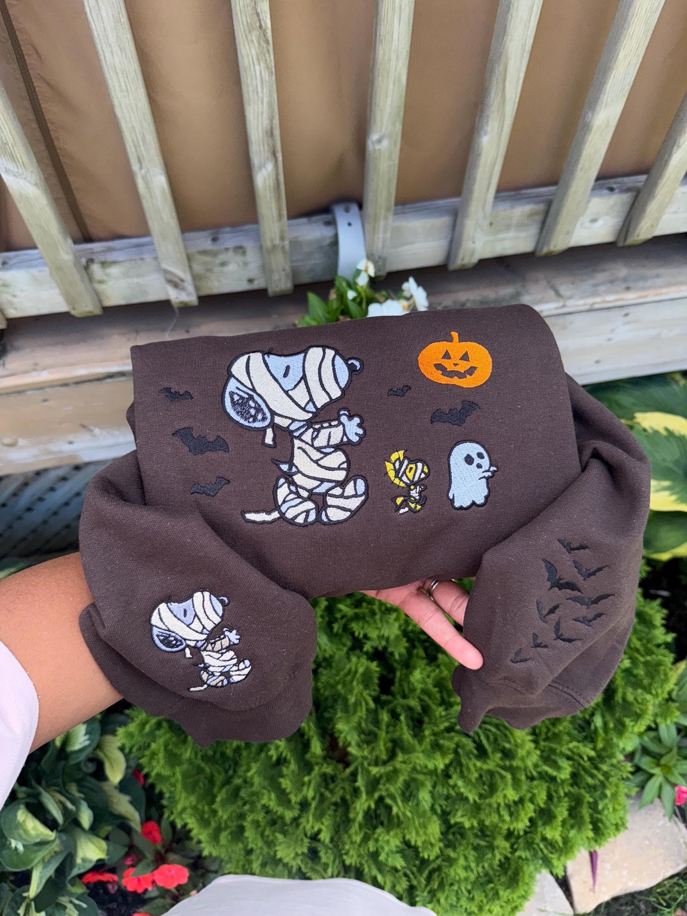 Halloween Embroidered Sweatshirt, Mummy Dog & Ghosts Fall Crewneck, Spooky Season Aesthetic, Cozy October Sweater, Halloween Gifts EBAC44