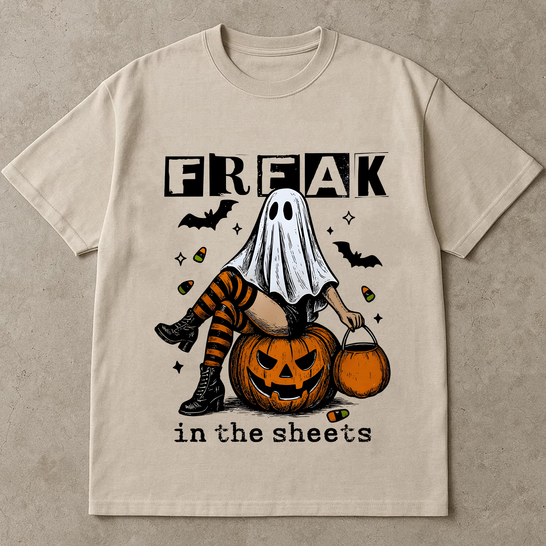 Funny Halloween T-Shirt “Freak in the Sheets”, Ghost Costume Shirt, Spooky Season Tee, Halloween Graphic Tee, Fall Shirt for Women