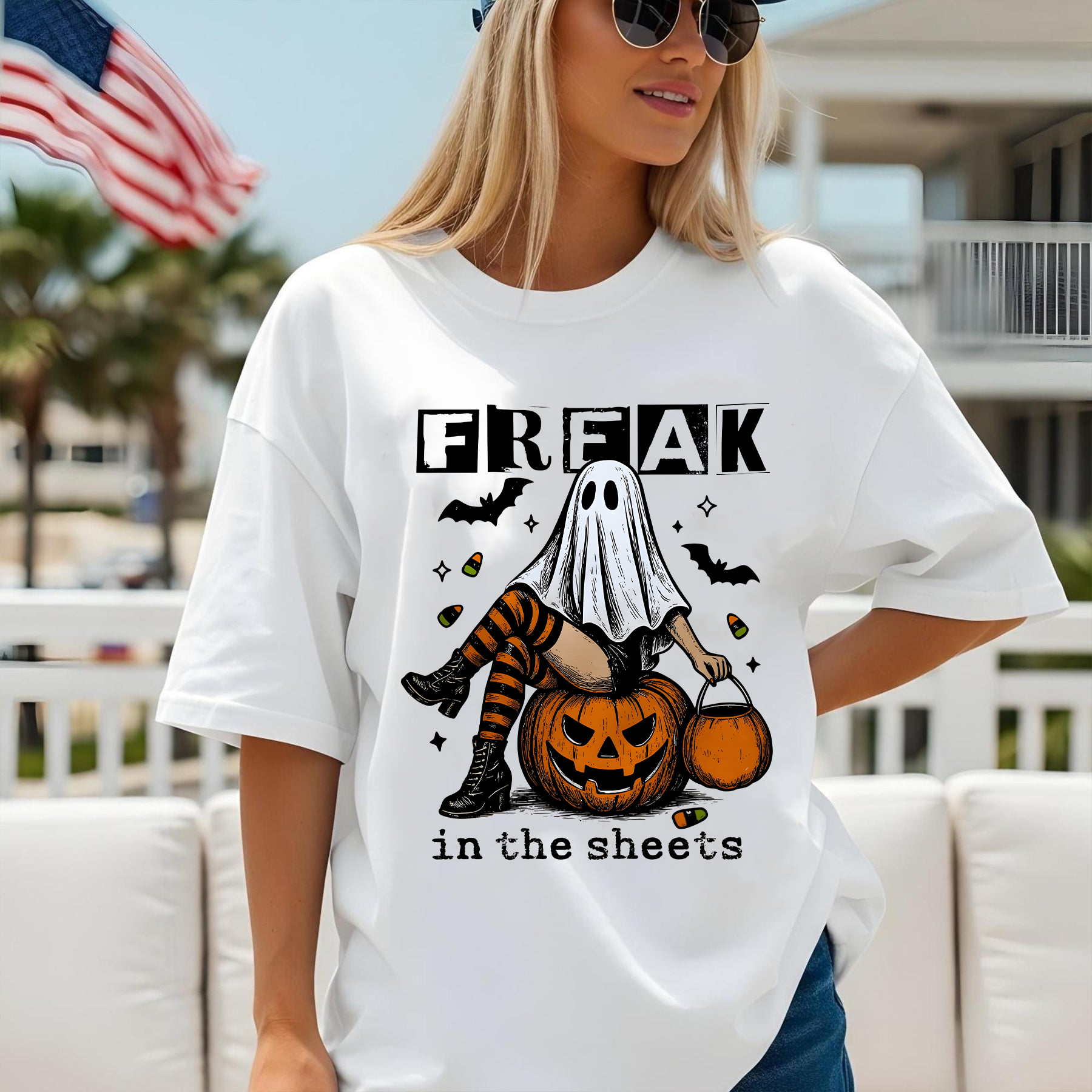 Funny Halloween T-Shirt “Freak in the Sheets”, Ghost Costume Shirt, Spooky Season Tee, Halloween Graphic Tee, Fall Shirt for Women