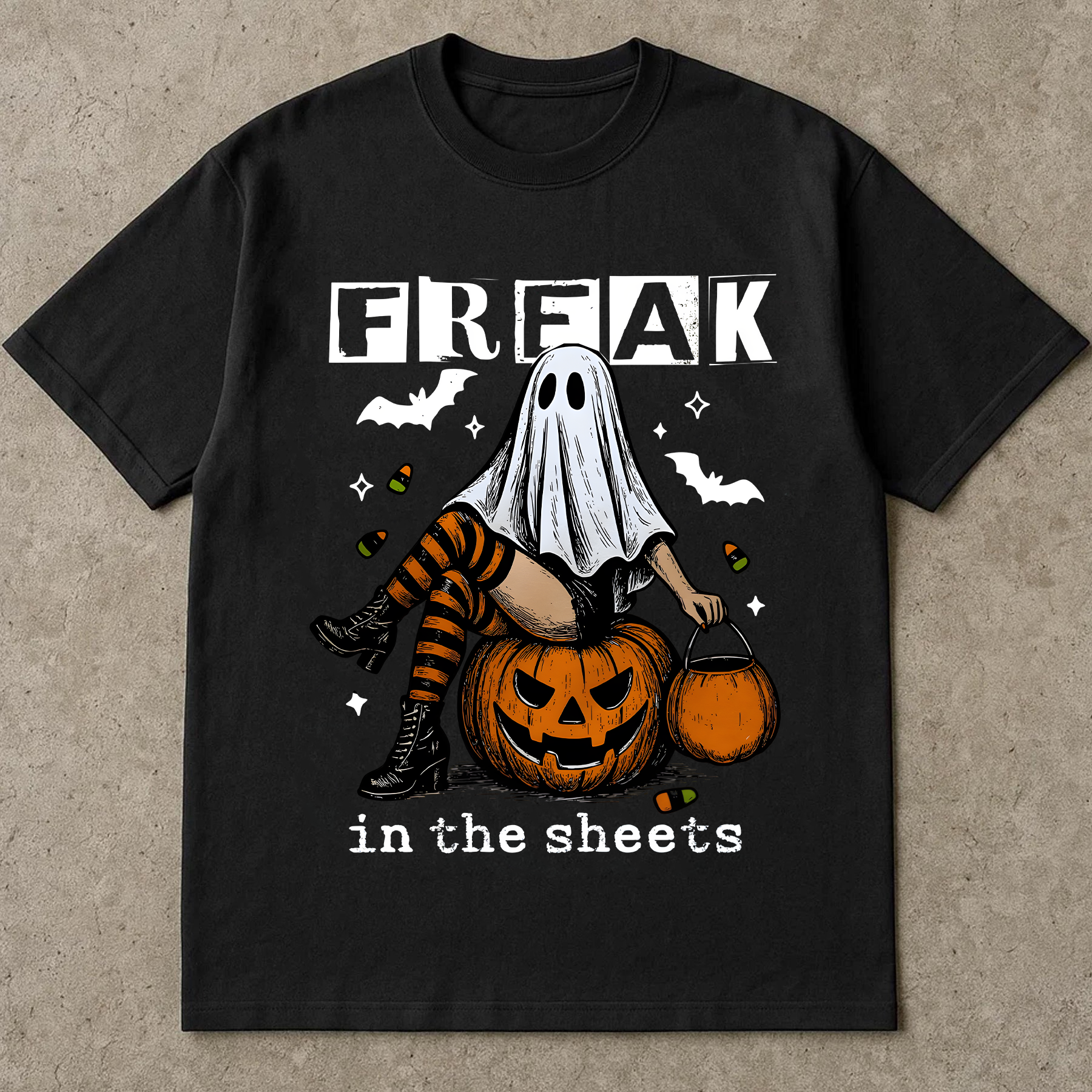 Funny Halloween T-Shirt “Freak in the Sheets”, Ghost Costume Shirt, Spooky Season Tee, Halloween Graphic Tee, Fall Shirt for Women