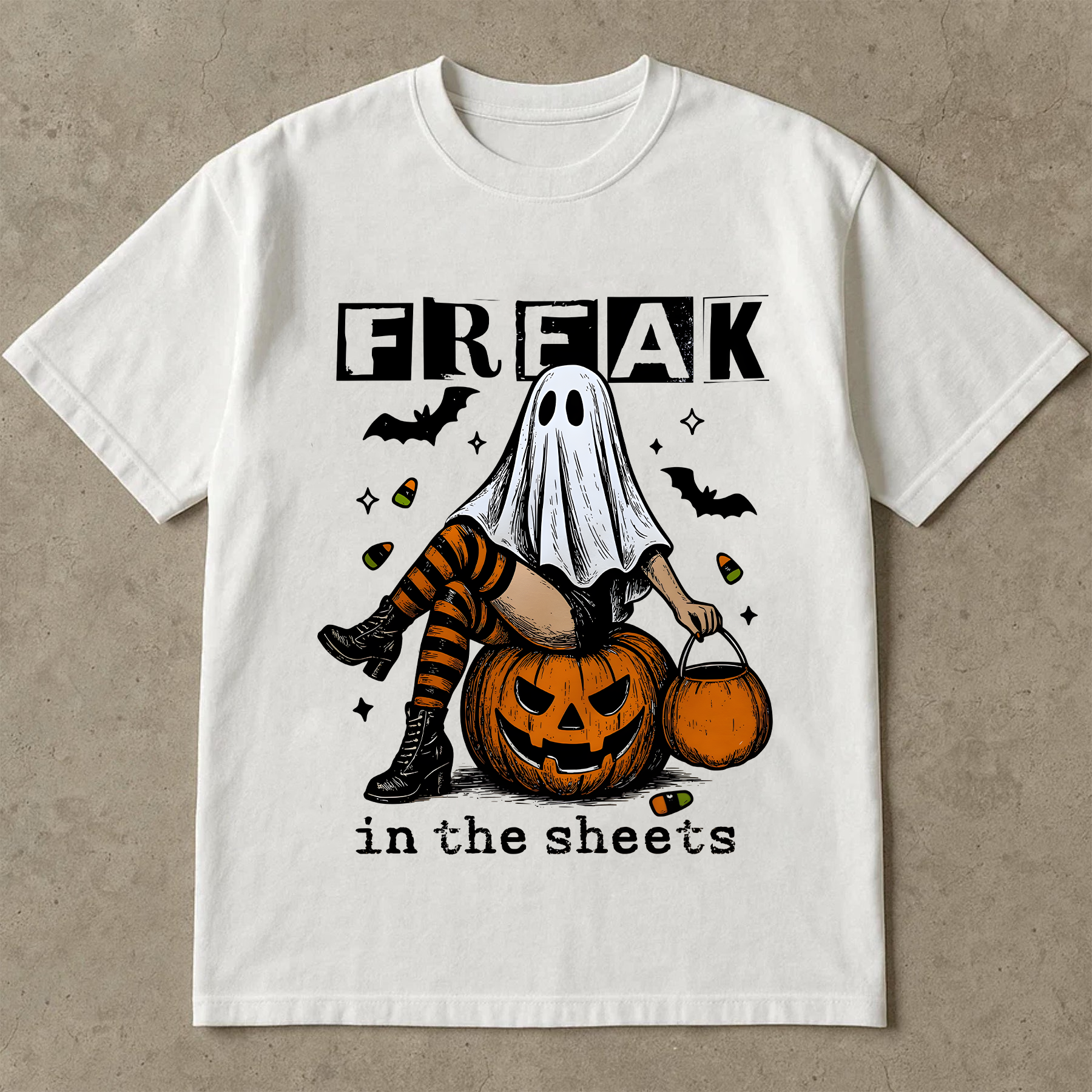 Funny Halloween T-Shirt “Freak in the Sheets”, Ghost Costume Shirt, Spooky Season Tee, Halloween Graphic Tee, Fall Shirt for Women