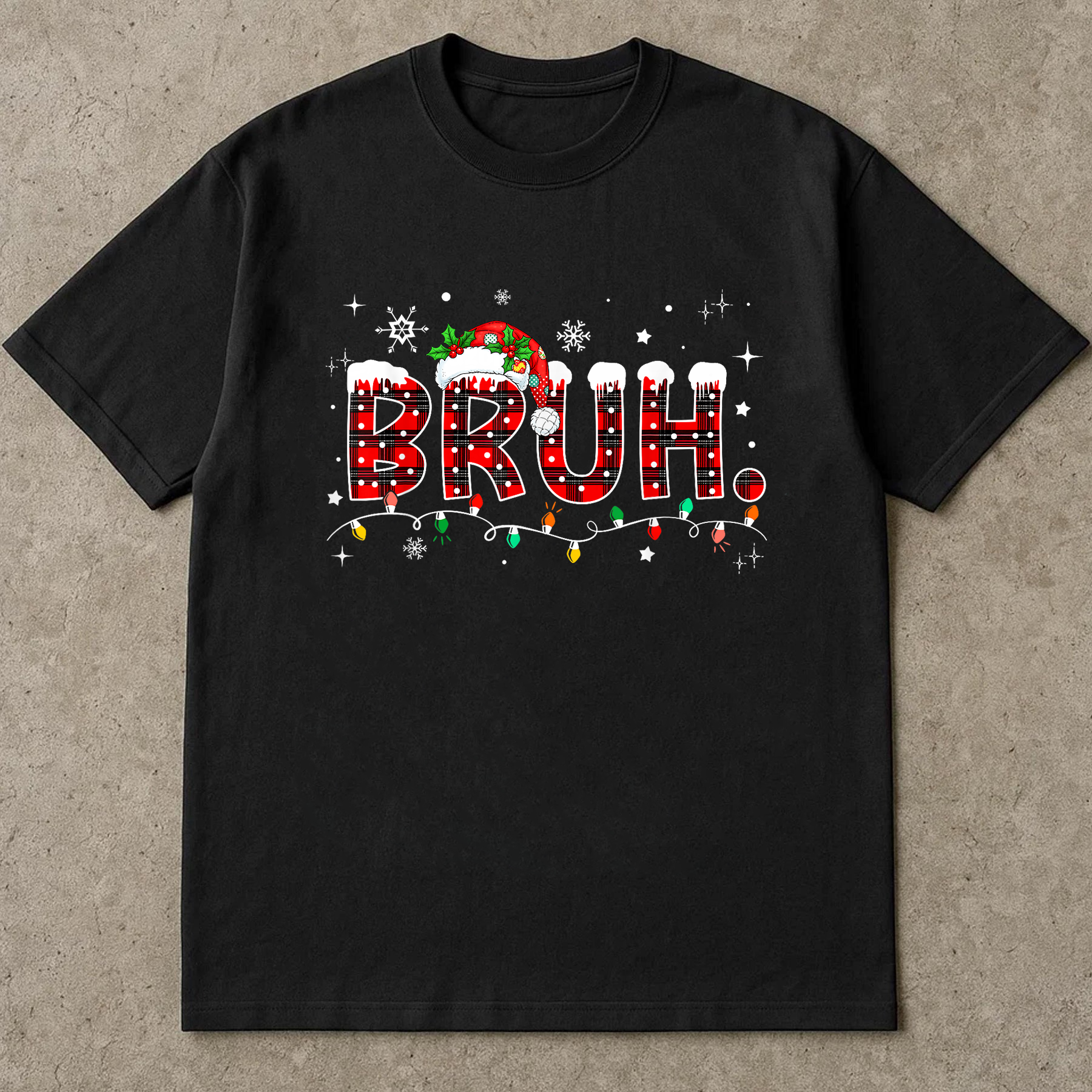 Bruh Christmas Shirt, Funny Holiday Tee, Buffalo Plaid Santa Hat Top, Trendy Winter Outfit, Festive Party Gift, Xmas Humor Shirt
