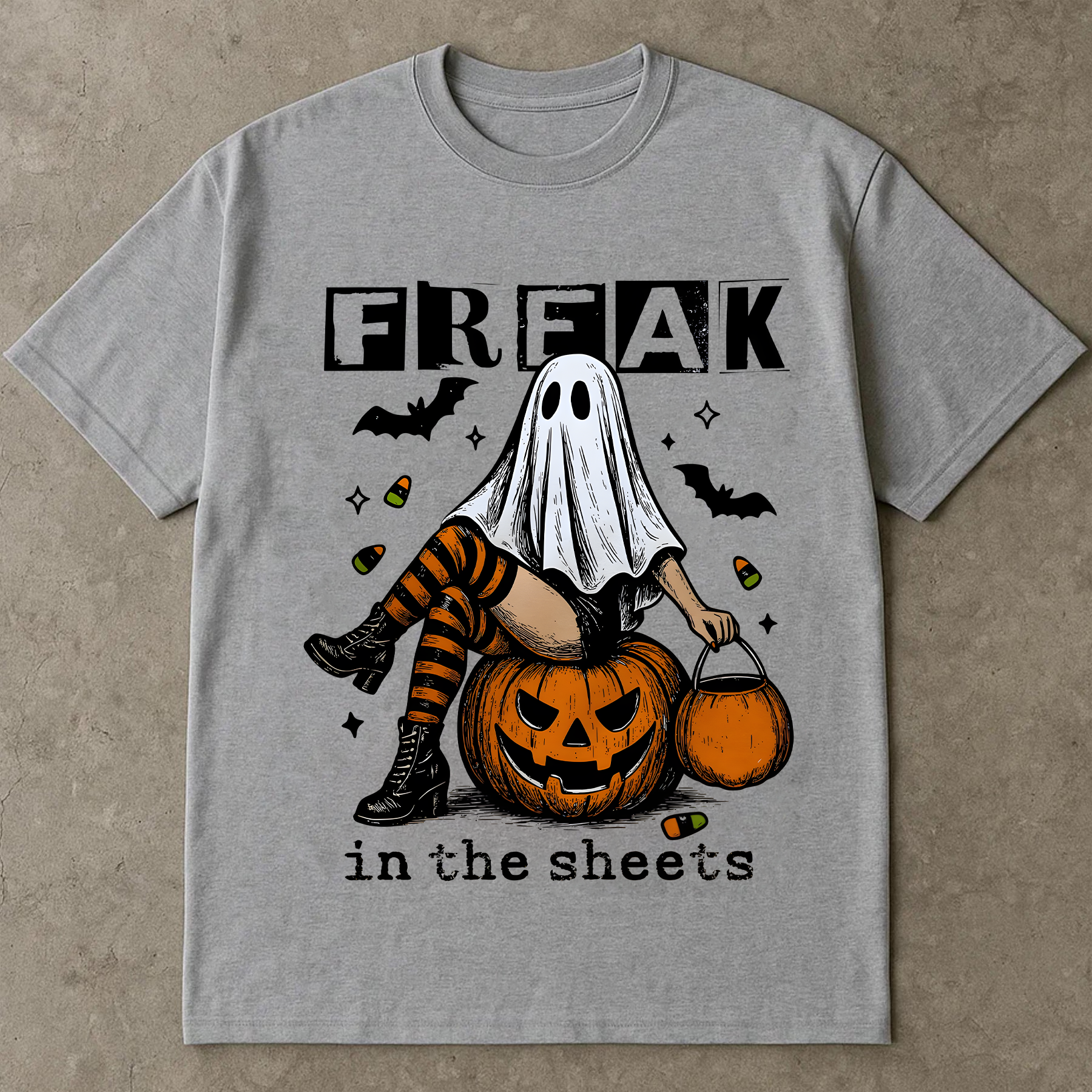 Funny Halloween T-Shirt “Freak in the Sheets”, Ghost Costume Shirt, Spooky Season Tee, Halloween Graphic Tee, Fall Shirt for Women