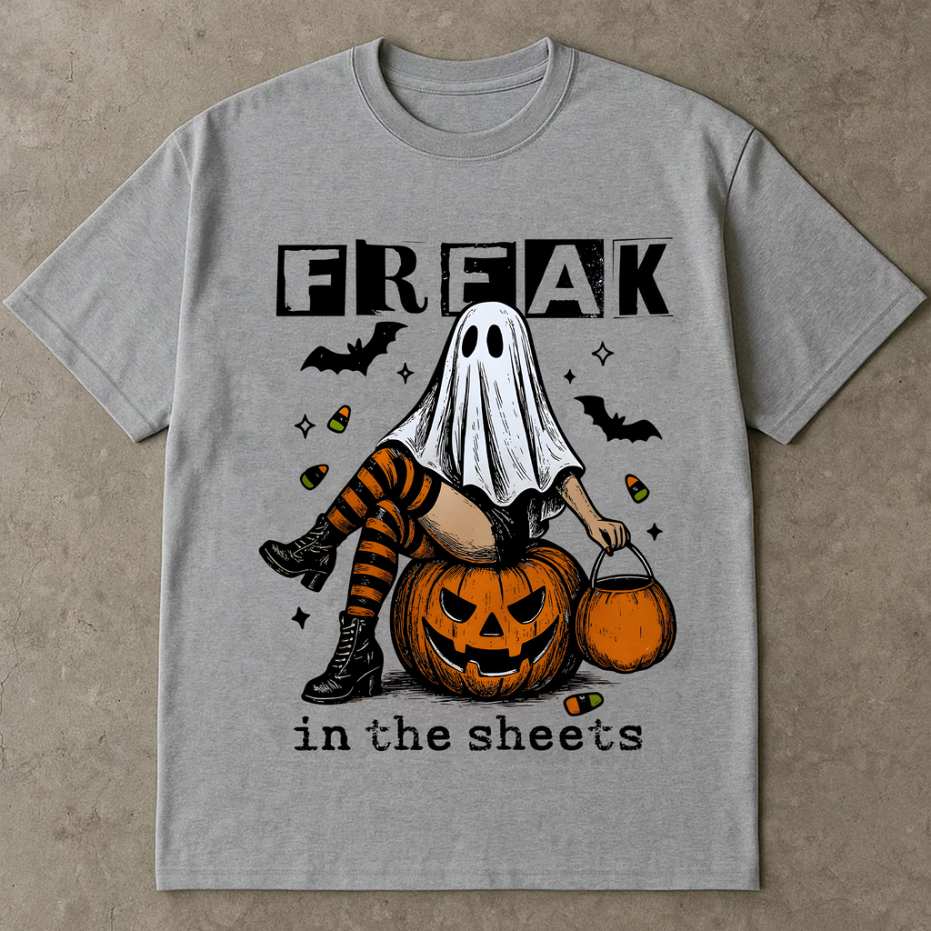 Funny Halloween T-Shirt “Freak in the Sheets”, Ghost Costume Shirt, Spooky Season Tee, Halloween Graphic Tee, Fall Shirt for Women