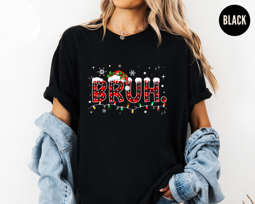 Bruh Christmas Shirt, Funny Holiday Tee, Buffalo Plaid Santa Hat Top, Trendy Winter Outfit, Festive Party Gift, Xmas Humor Shirt