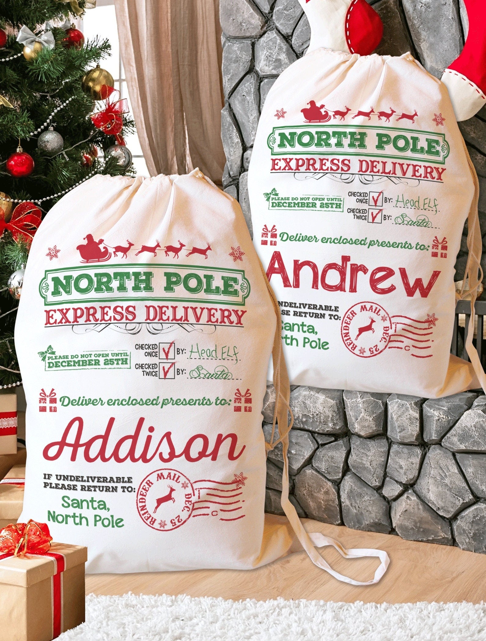 Personalized Santa Sack, Christmas Santa Sack, Santa bag, Add Your Child's Name, Kids Christmas Gift Bag, Xmas Stocking