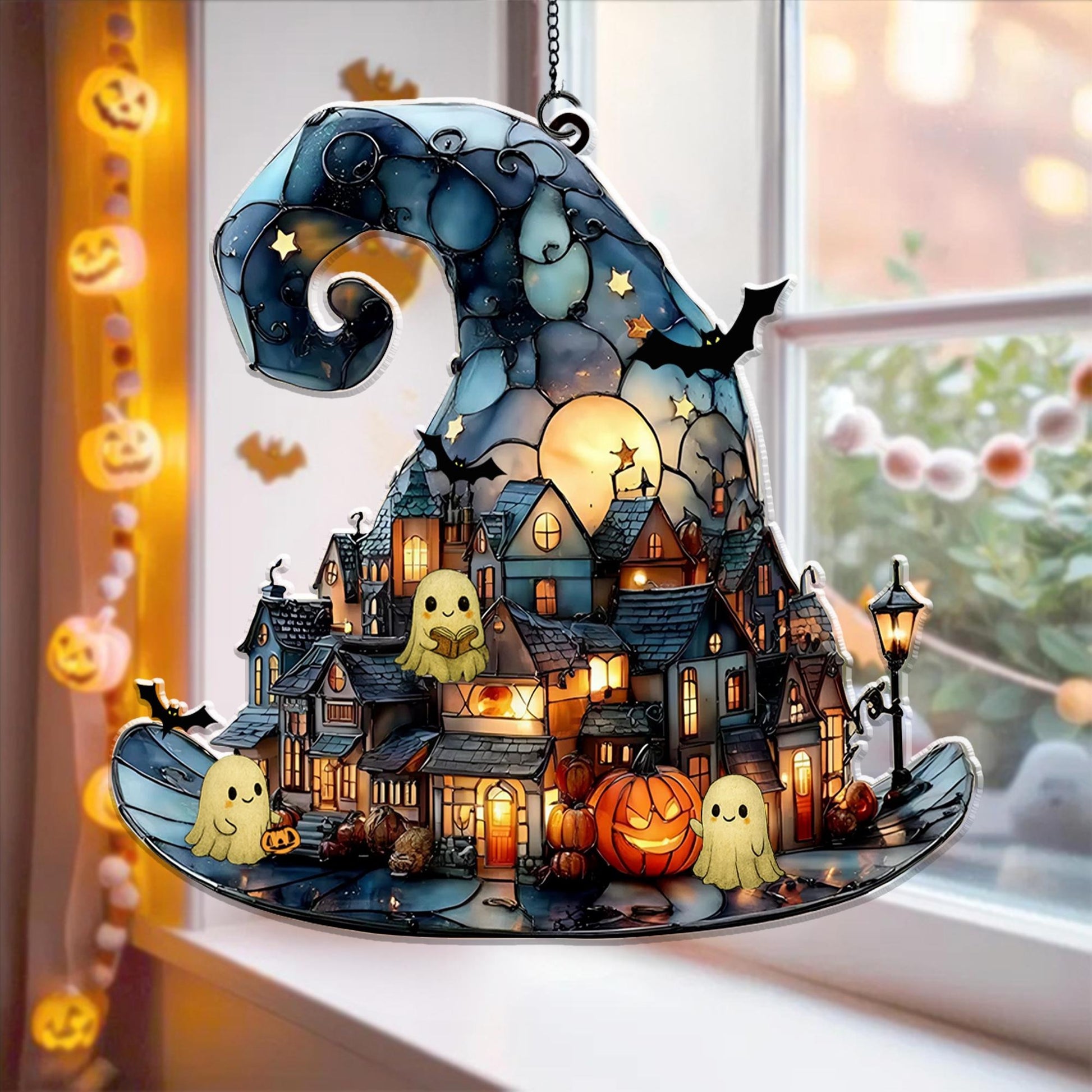 Personalized Witch Hat Village Acrylic Suncatcher, Halloween Town Faux Stained Glass Window Hanging, Spooky Home Decor For Halloween, Cute Ghost Suncatcher