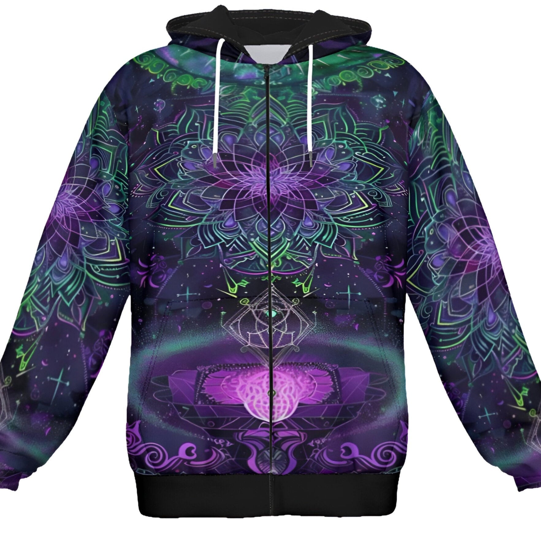 Mystic Aesthetic Zip Hoodie, Mystic Mandala Zip Hoodie, Cosmic Tarot Zip Hoodie, Sacred Geometry Zip Hoodie, Trippy Psychedelic Zip Hoodie, Spiritual Festival Wear