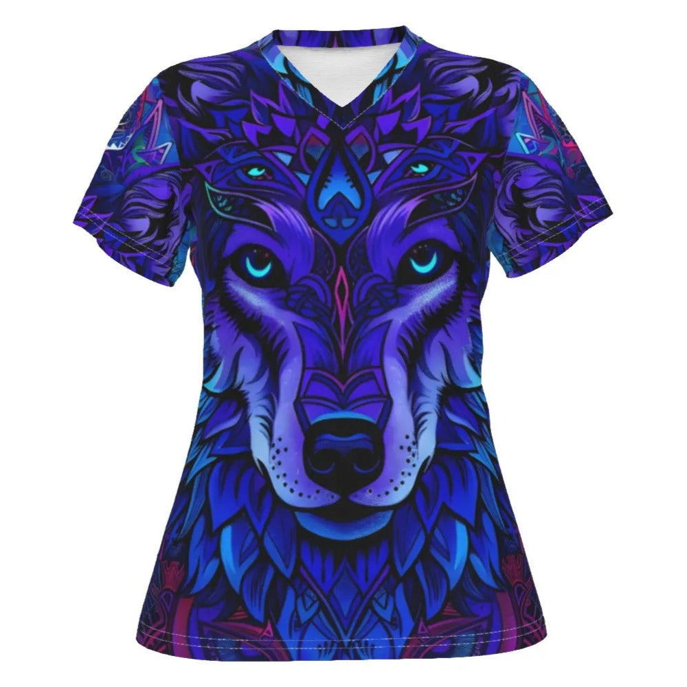 Wolf Mandala V-Neck T-Shirt, Women’s Tribal Spirit Animal Tee with Blue Violet Geometric Wolf Design, Women's Fit, V-neck Shirt, Shortsleeve