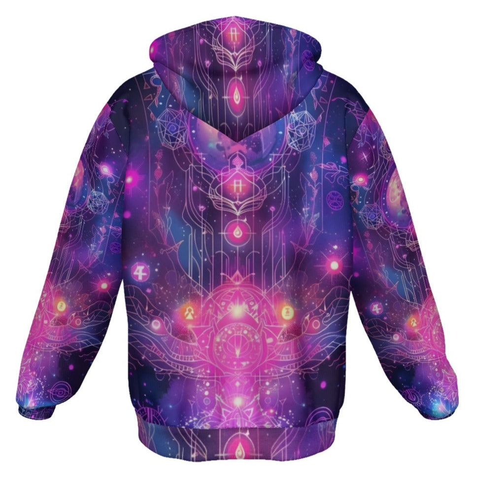 Cosmic Mysticism Zip Hoodie, Celestial Portal Energy Zip Hoodie, Astral Light Symbol Hoodie, Vibrant Metaphysical Galaxy Zip Hoodie, Spiritual Geometry Zip Hoodie