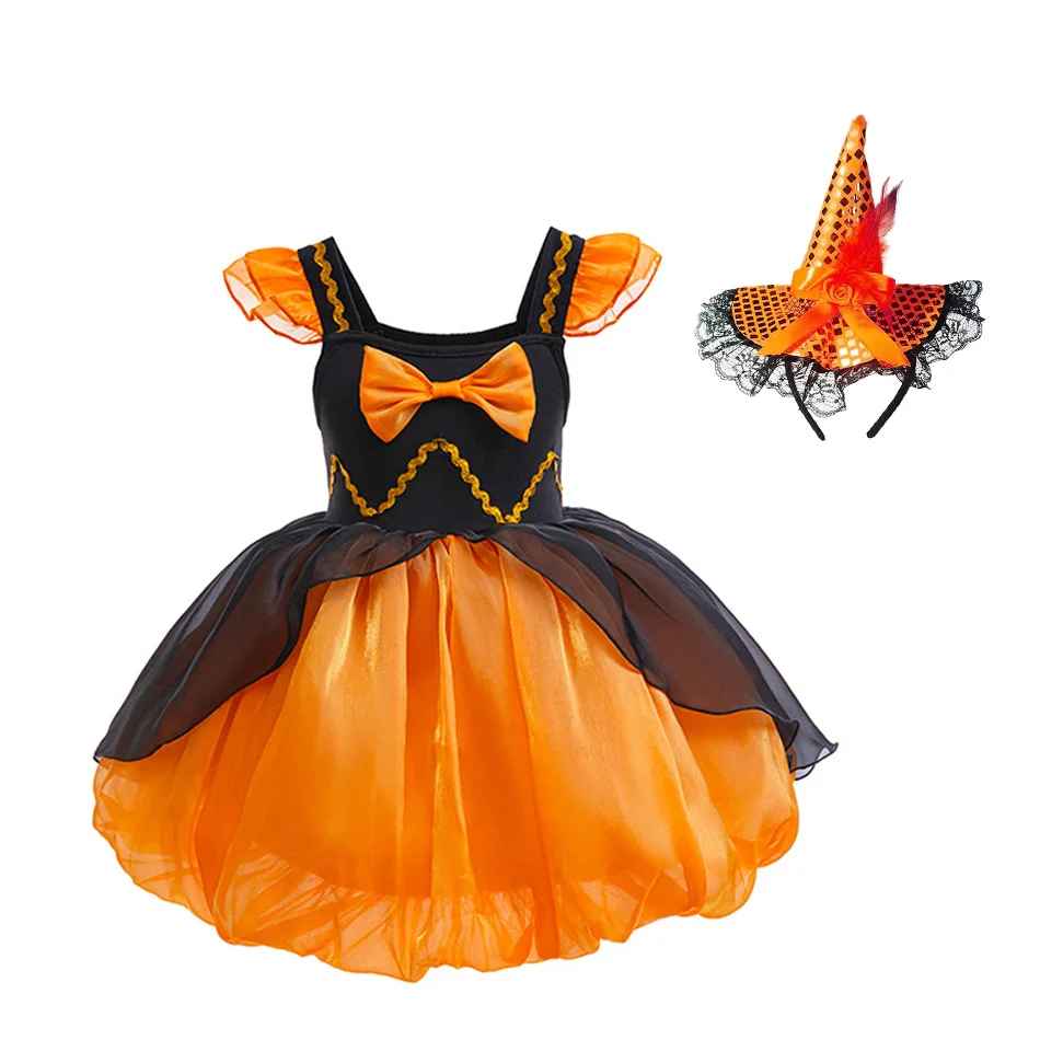 Halloween Costumes For Kids, Girls Pumpkin Halloween Costume, Cute Witch Princess Dress for Kids, Fluffy Orange Cosplay Gown