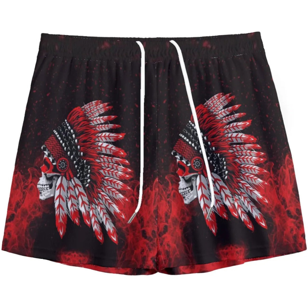 Native American Skull Shorts, Red Feather Headdress Bottoms, Tribal Gothic Shorts, Red Smoke Graphic Wear, Warrior Biker Style