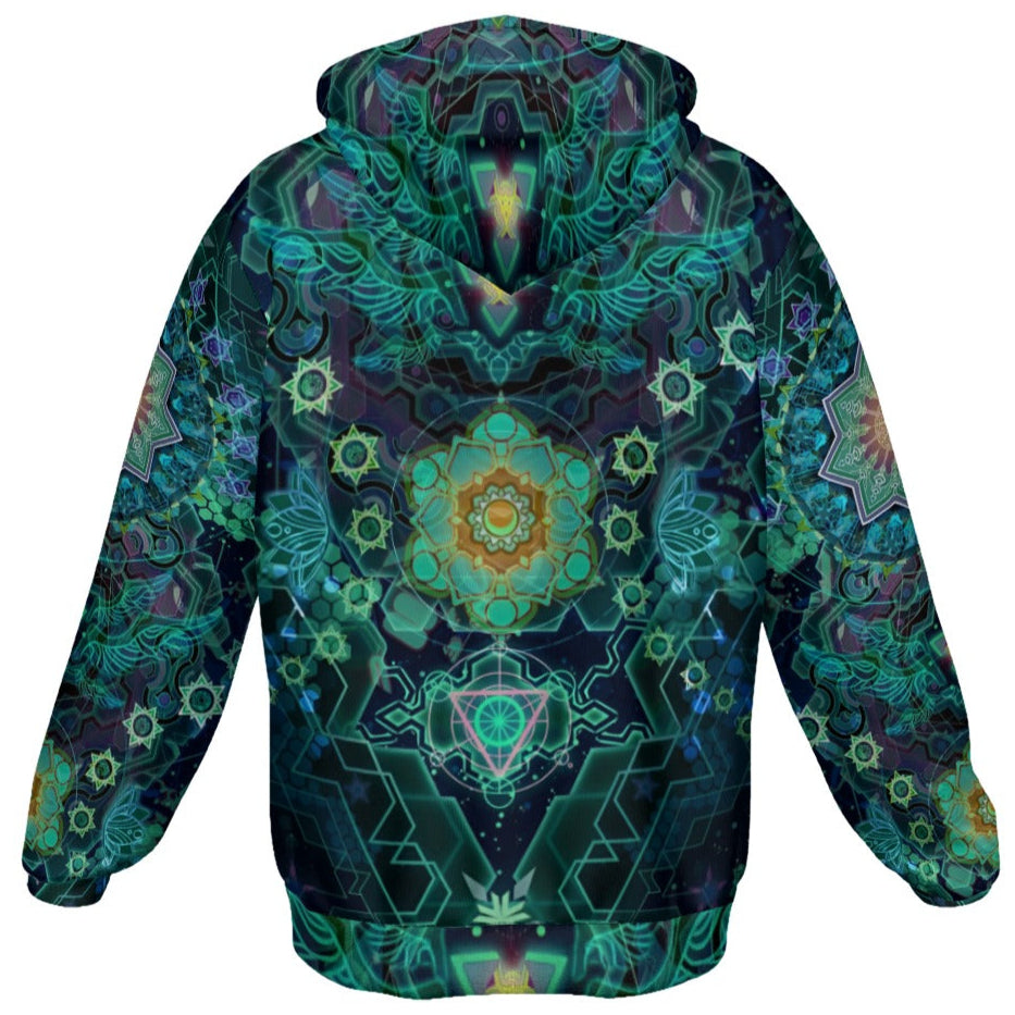 Yantric Geometry Zip Hoodie, Sacred Mandala Energy Zip Hoodie, Mystic Geometric Light Zip Hoodie, Vibrant Spiritual Pattern Zip Hoodie, Celestial Yantra Zip Hoodie
